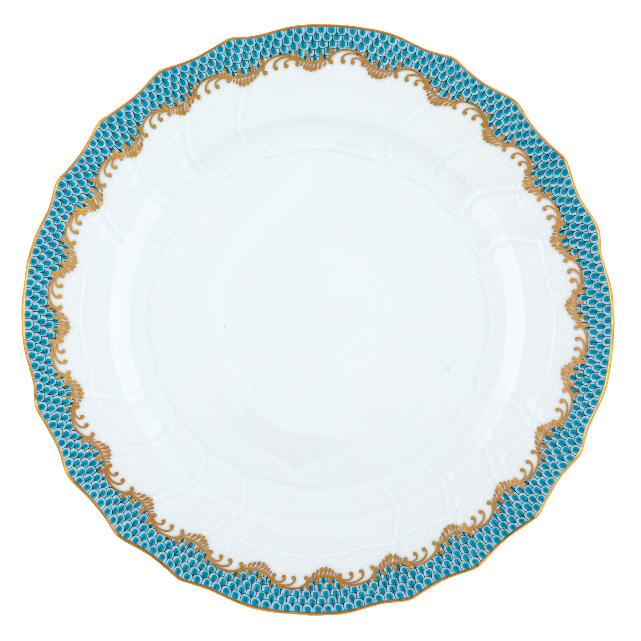 Hand-painted Herend Fish Scale Turquoise Dinner Plate in fine porcelain, 10.5in D, on a white background