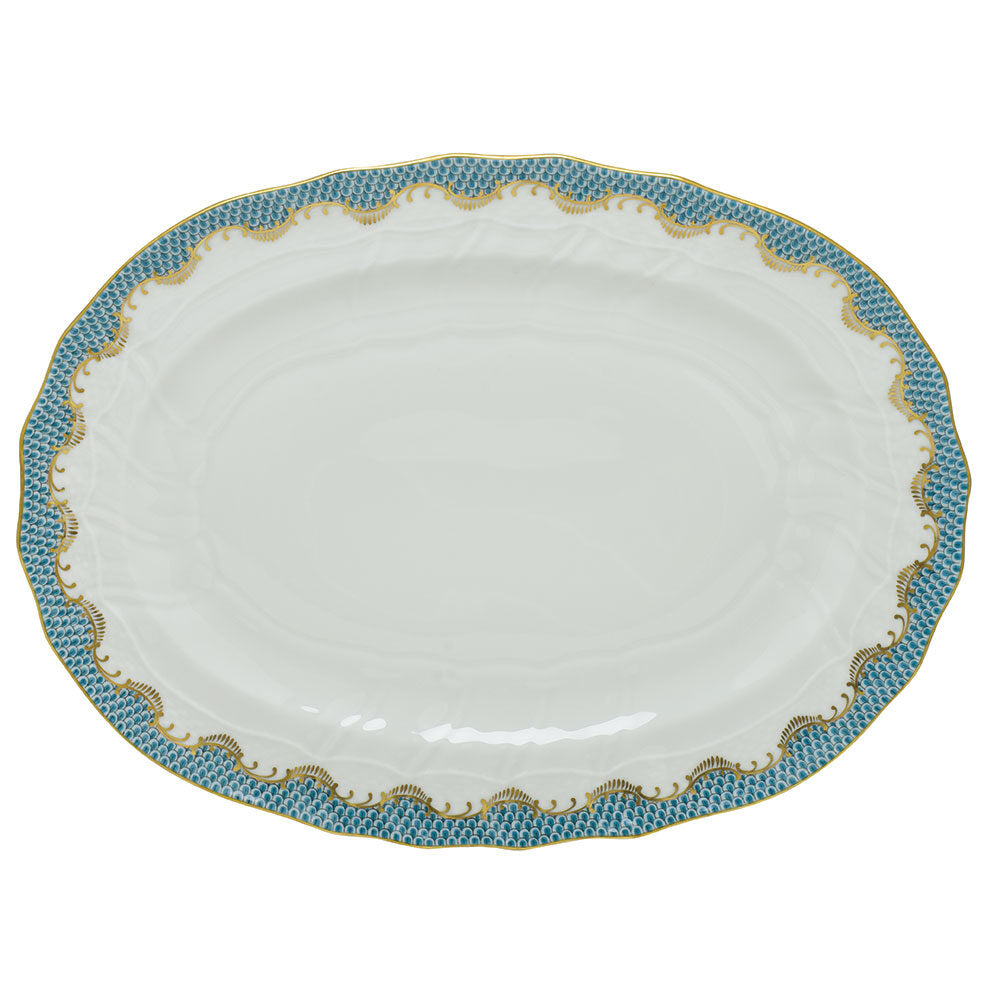 Hand-painted Herend Fish Scale Turquoise Platter in fine porcelain, 15in L X 11.5in W, on a white background