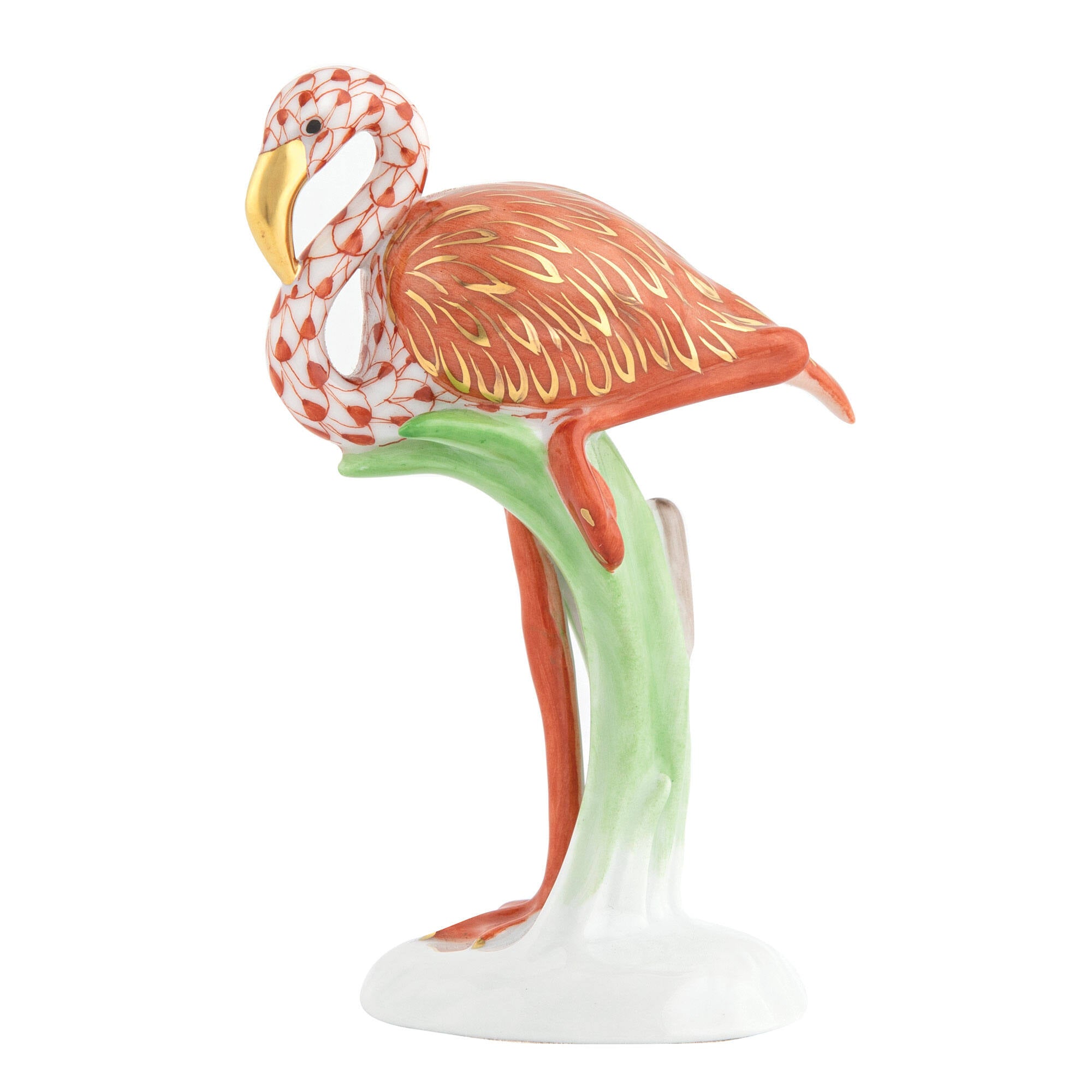 Hand-painted Herend Flamingo Figurine in Rust fishnet porcelain on a white background