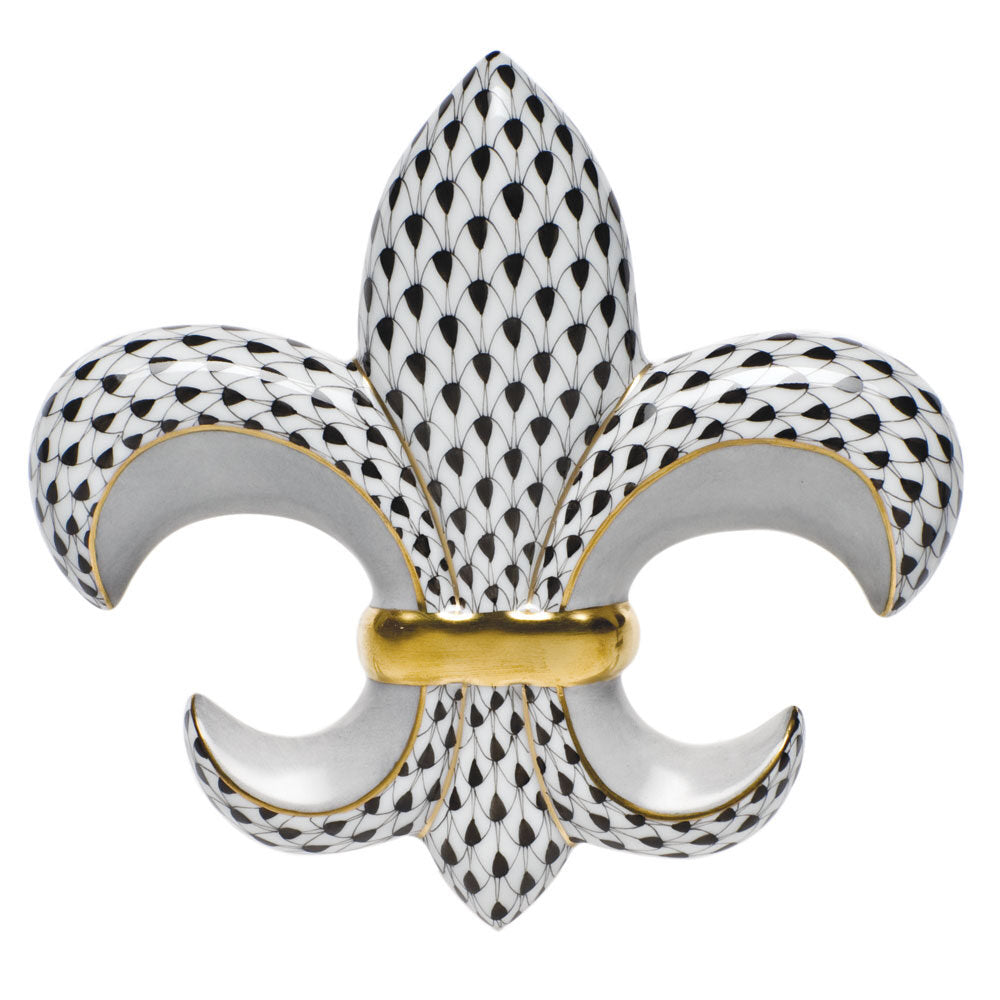 Black fishnet Fleur De Lis Paperweight figurine, hand-painted Herend porcelain with 24k gold accents