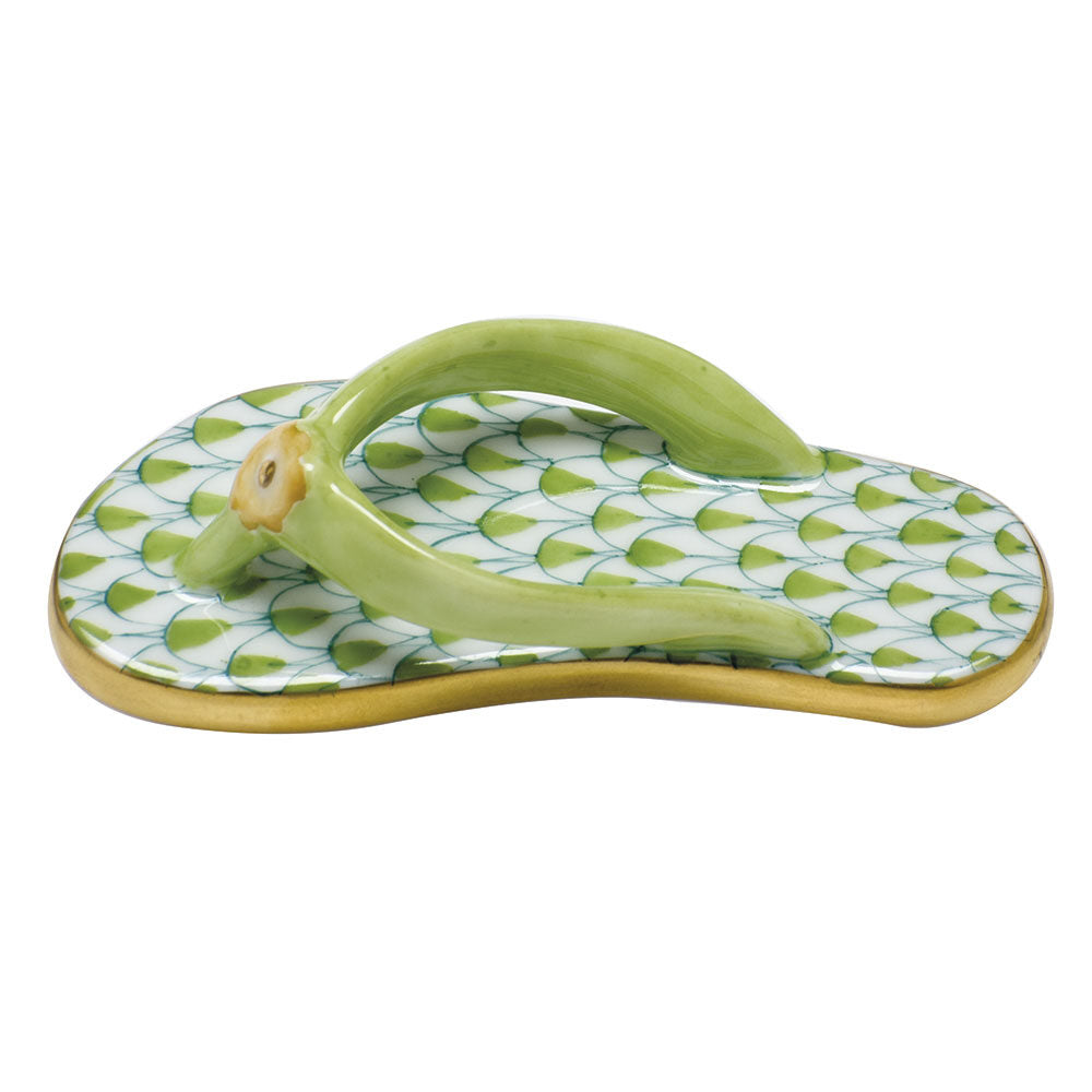 Hand-painted Herend Flip Flop Figurine in Key Lime fishnet porcelain on a white background