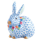 Hand-painted Herend Flower Bunny Figurine in Blue fishnet porcelain on a white background