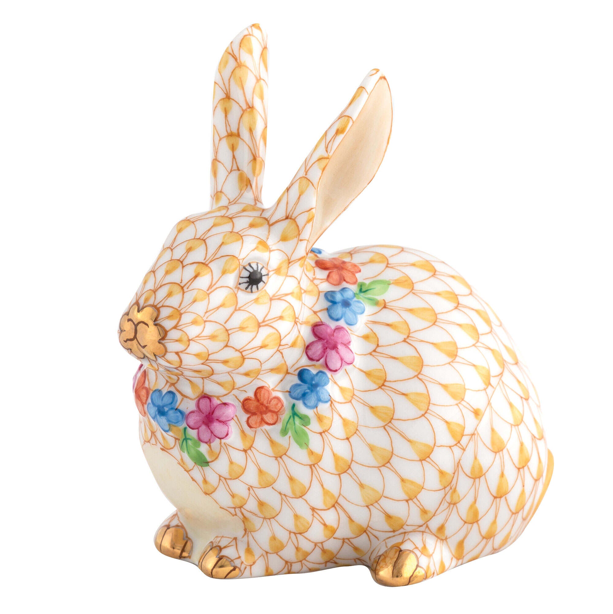 Butterscotch fishnet Flower Bunny Figurine figurine, hand-painted Herend porcelain with 24k gold accents