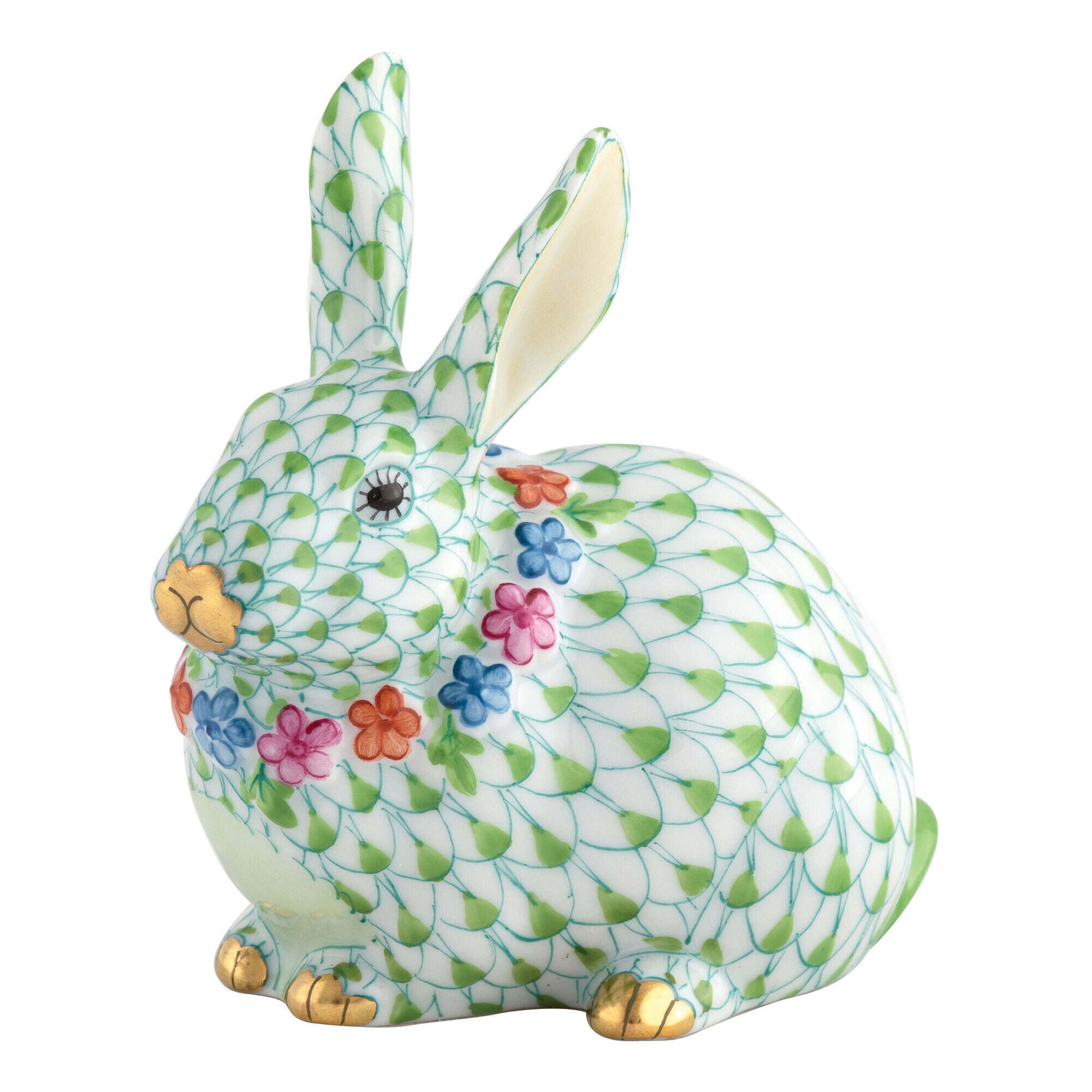 Hand-painted Herend Flower Bunny Figurine in Key Lime fishnet porcelain on a white background