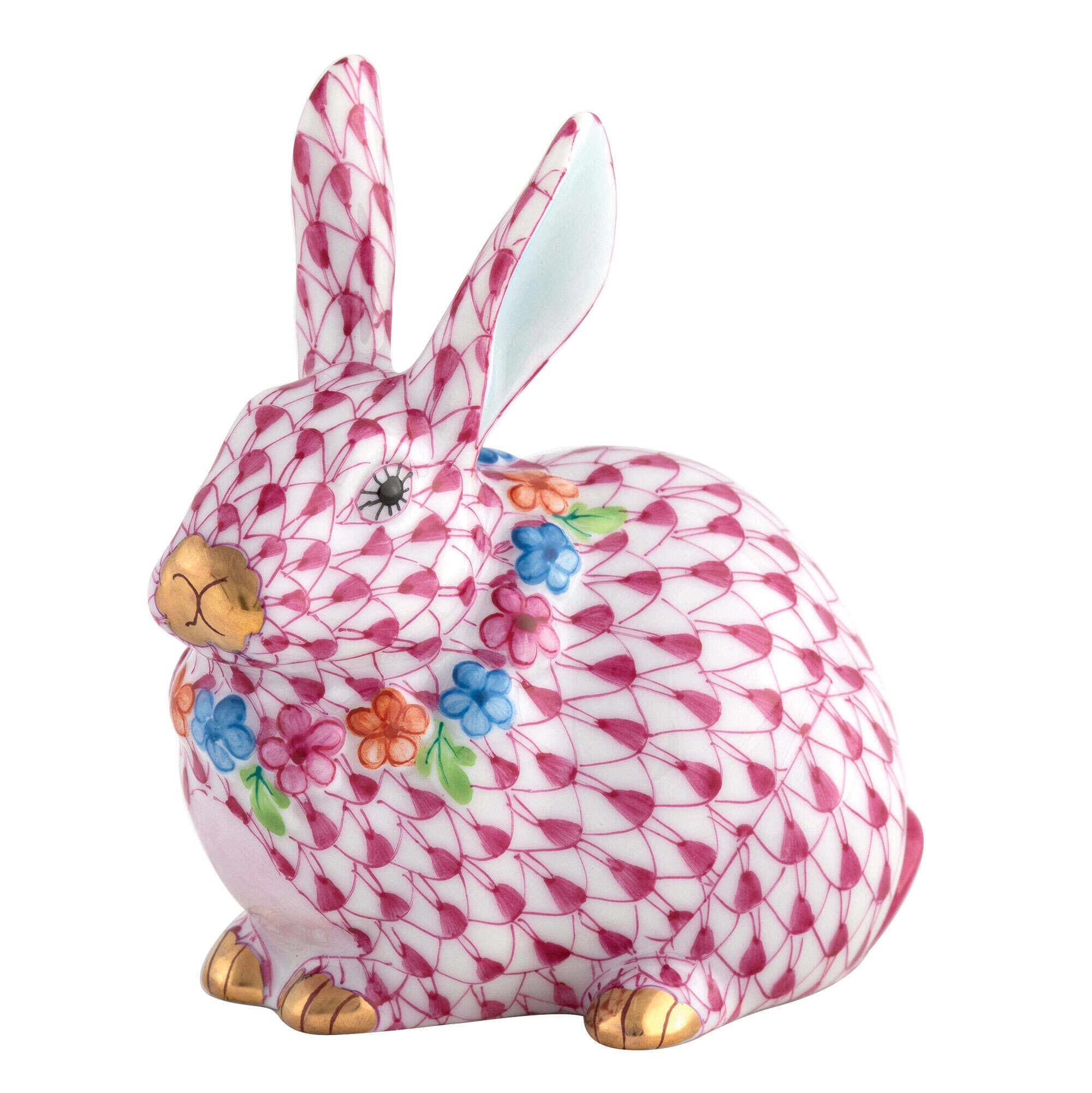 Flower Bunny Figurine in hand-painted Raspberry porcelain by Herend of Hungary