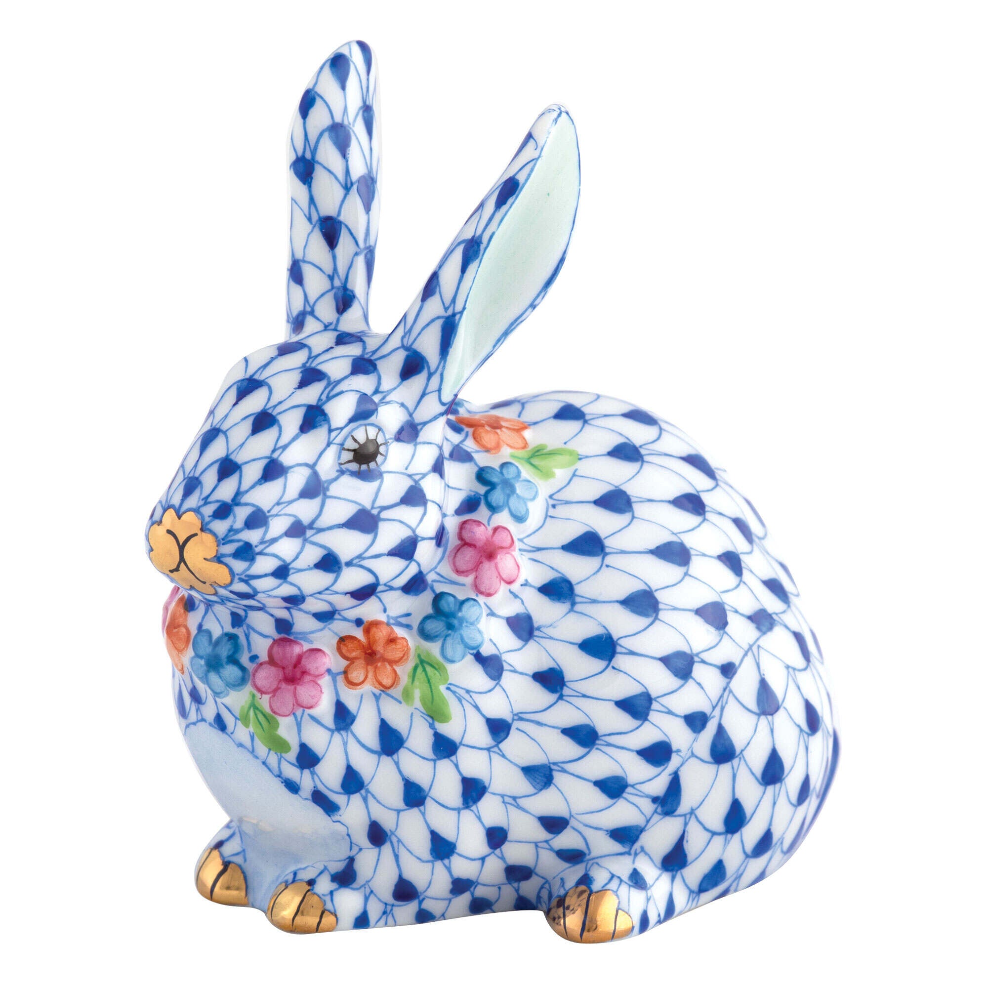 Herend Flower Bunny Figurine porcelain figurine painted in the Sapphire fishnet pattern