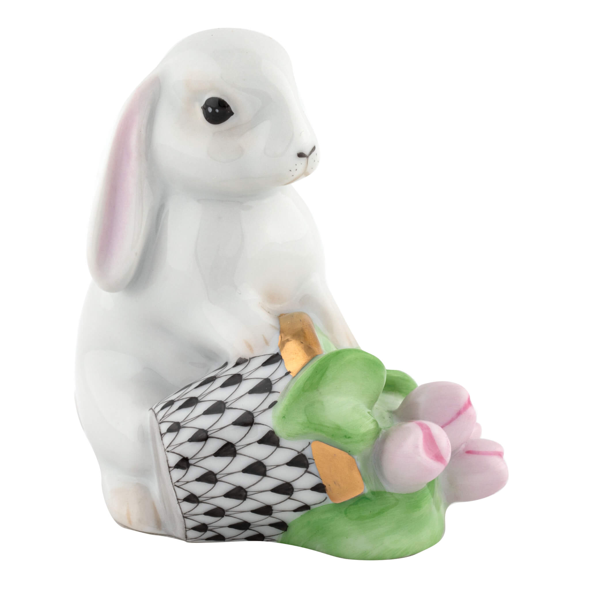 Herend Flowerpot Bunny figurine in Black with black fishnet pattern with gold accents on a white background