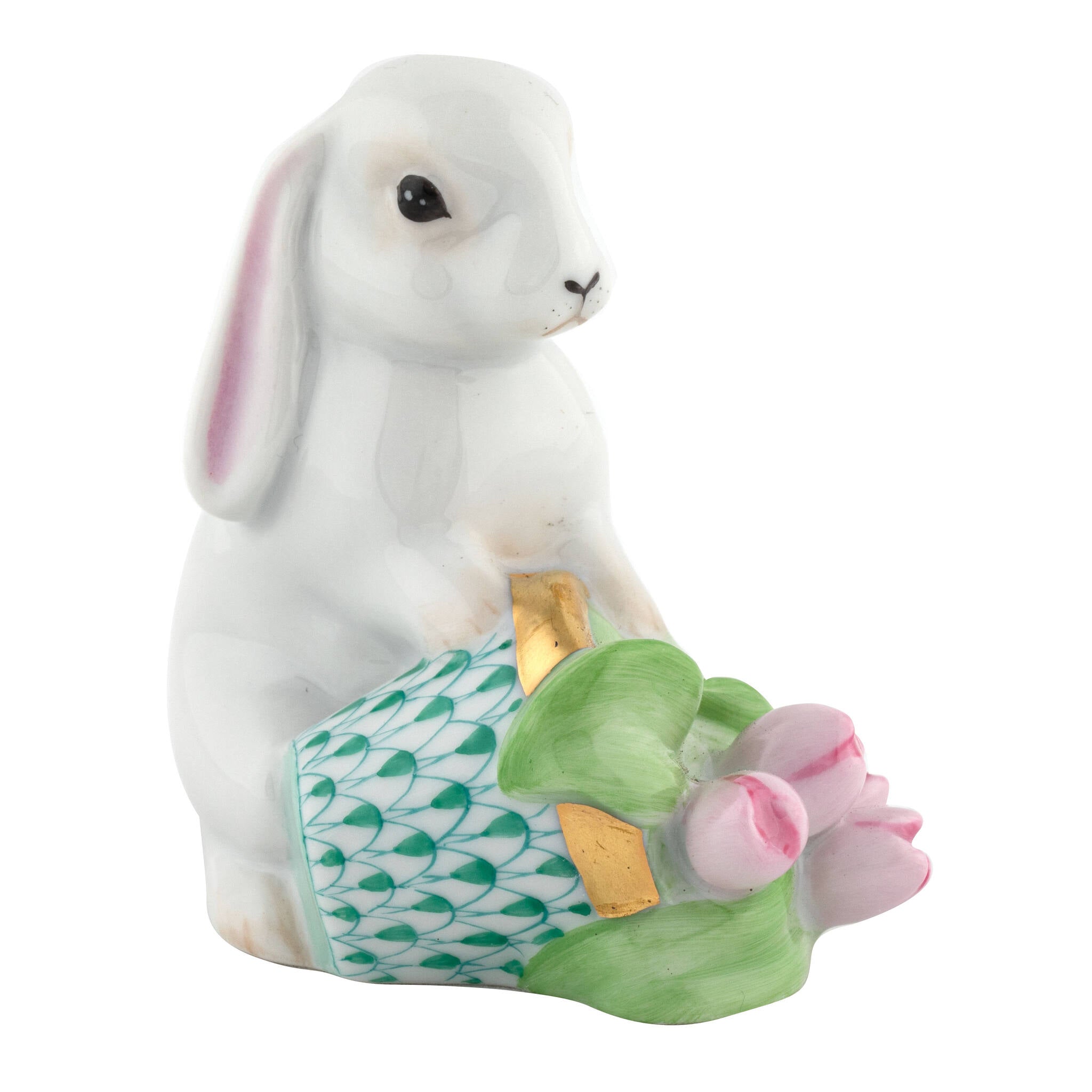 Green fishnet Flowerpot Bunny Figurine figurine, hand-painted Herend porcelain with 24k gold accents