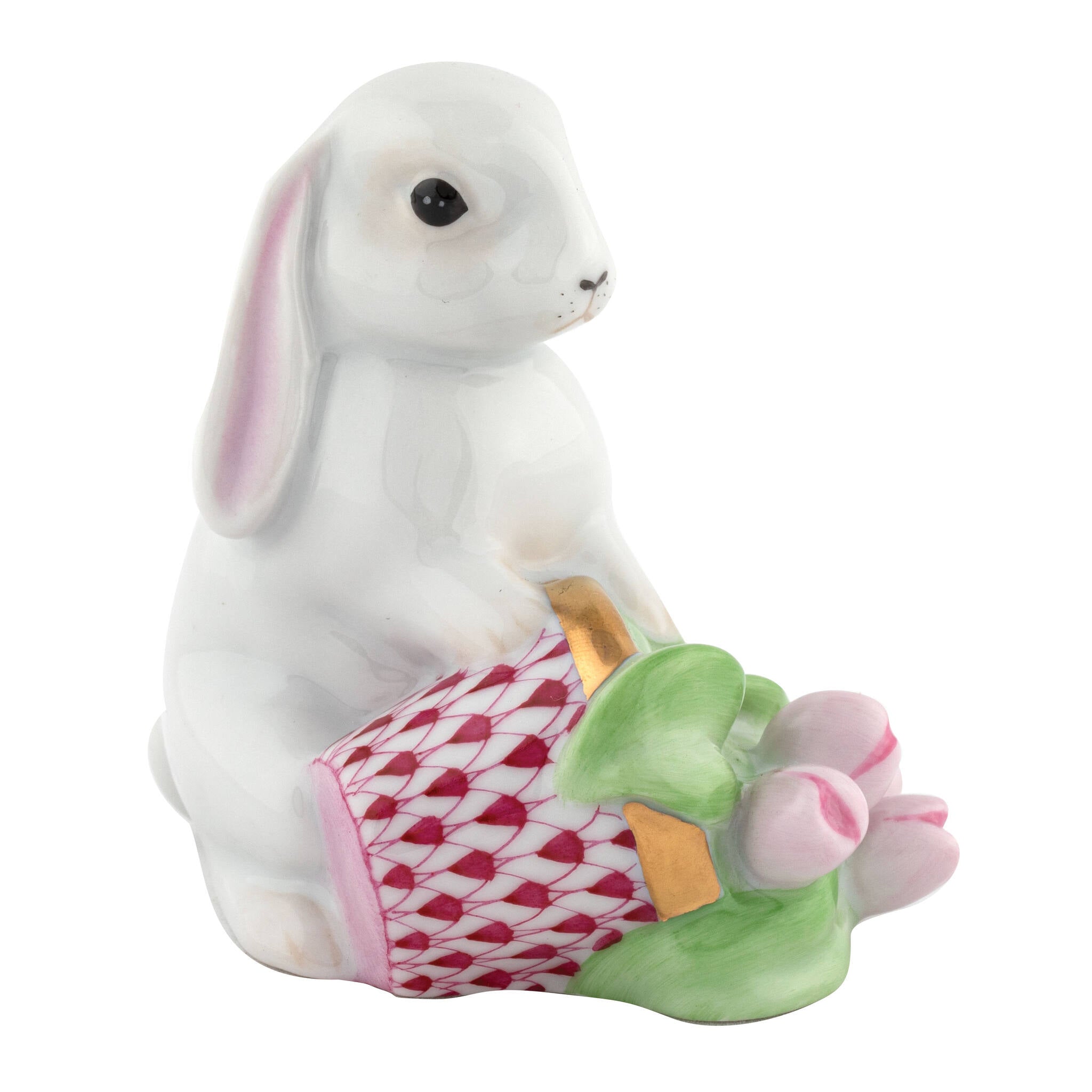 Raspberry fishnet Flowerpot Bunny Figurine figurine, hand-painted Herend porcelain with 24k gold accents