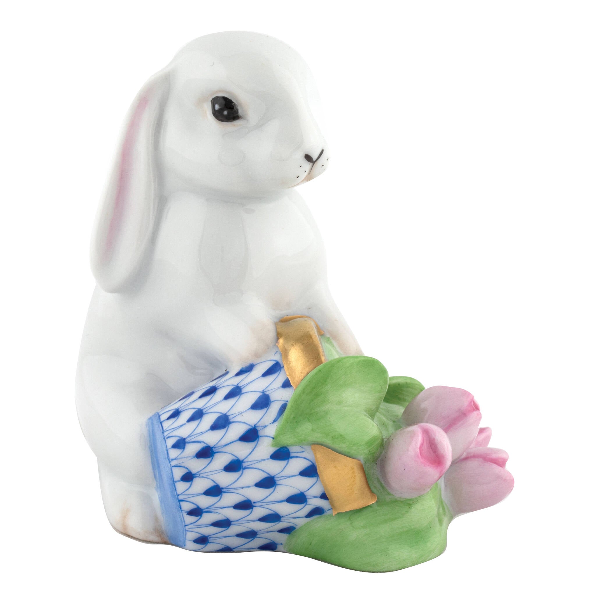 Herend Flowerpot Bunny Figurine porcelain figurine painted in the Sapphire fishnet pattern