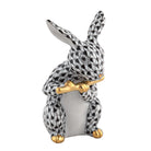 Herend Flute Bunny figurine in Black with black fishnet pattern with gold accents on a white background