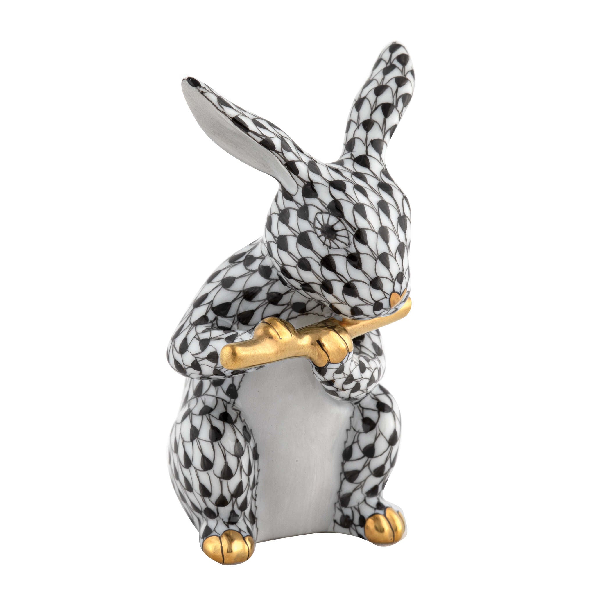 Hand-painted Herend Flute Bunny Figurine in Black fishnet porcelain on a white background