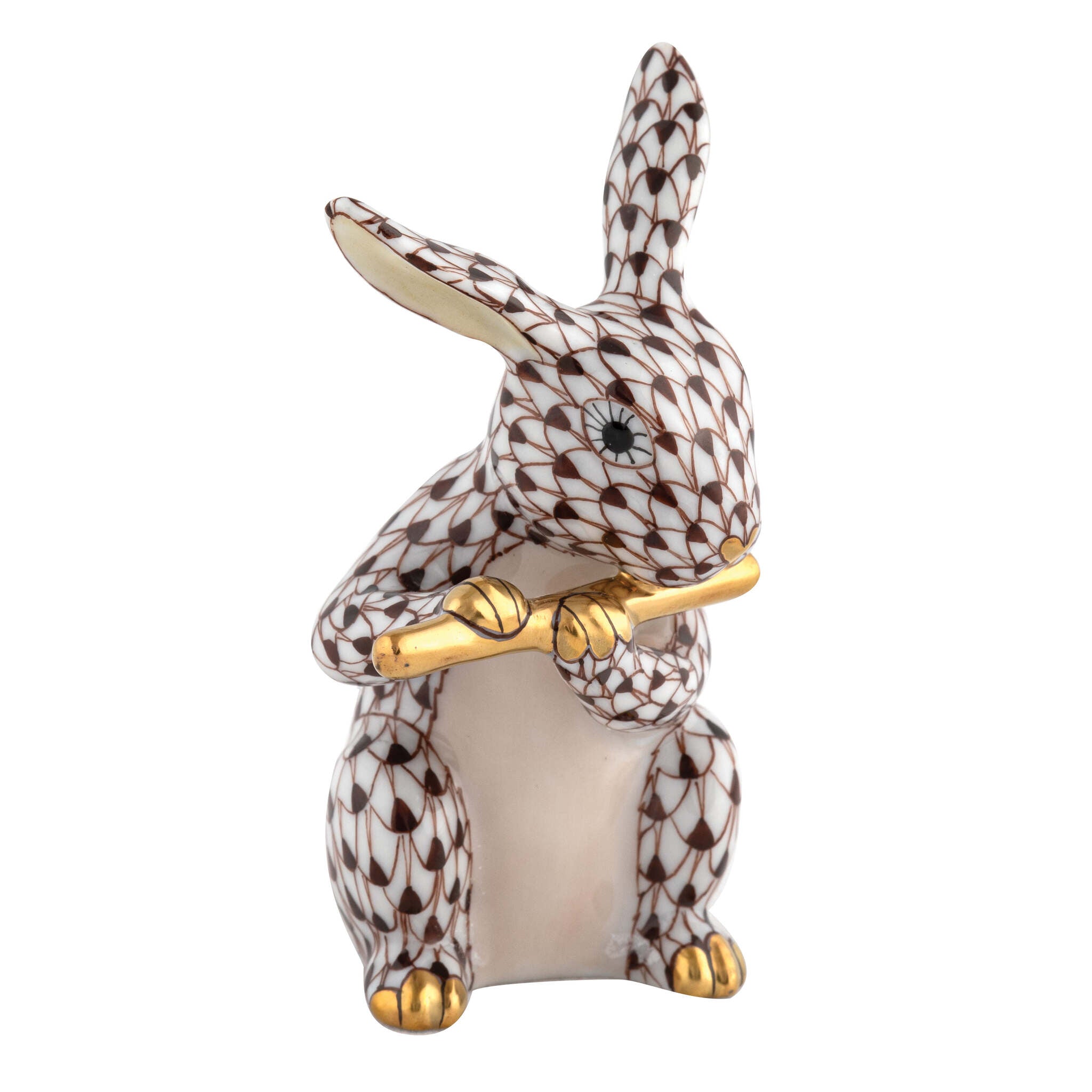 Flute Bunny Figurine in hand-painted Chocolate porcelain by Herend of Hungary
