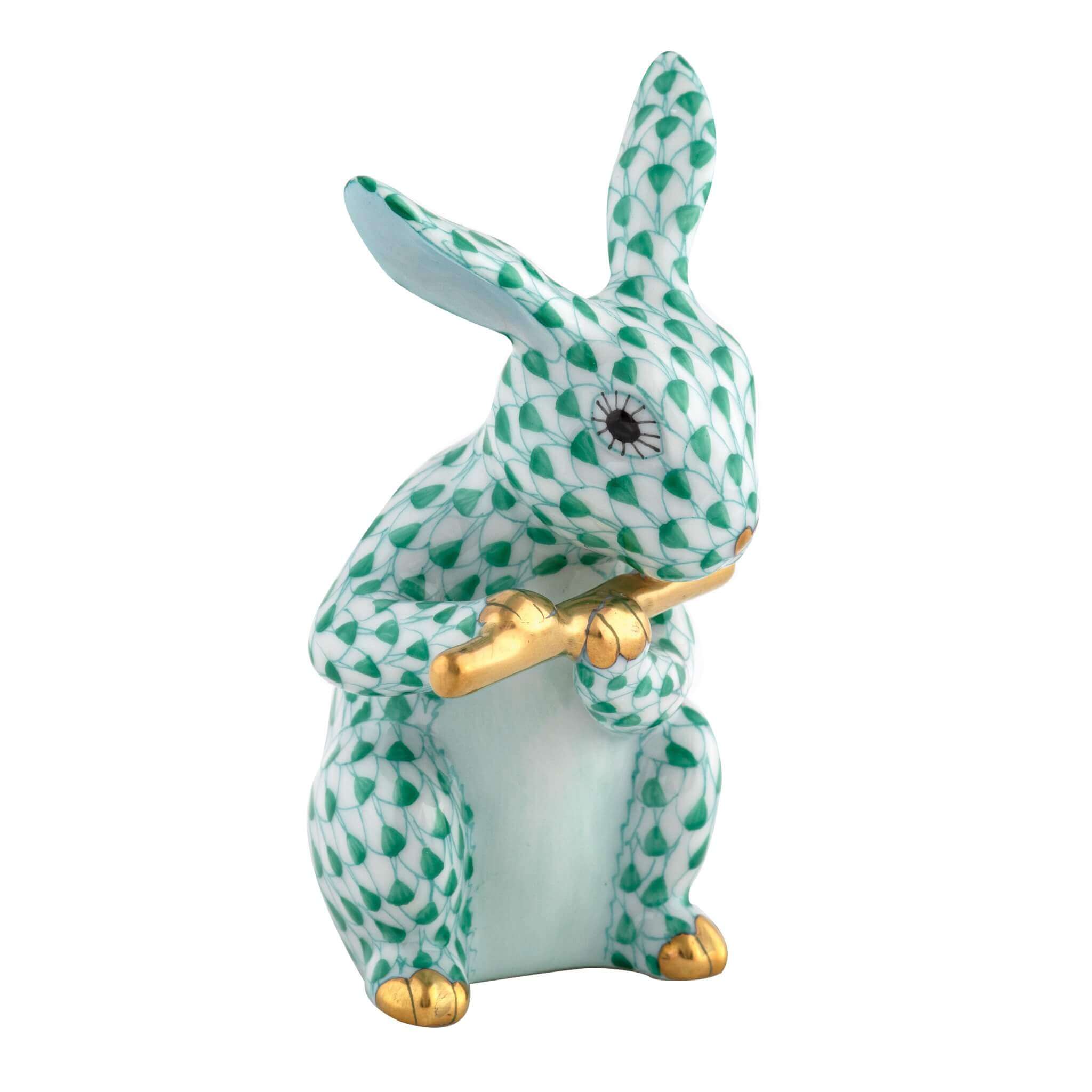 Herend Flute Bunny figurine in Green with green fishnet pattern with gold accents on a white background