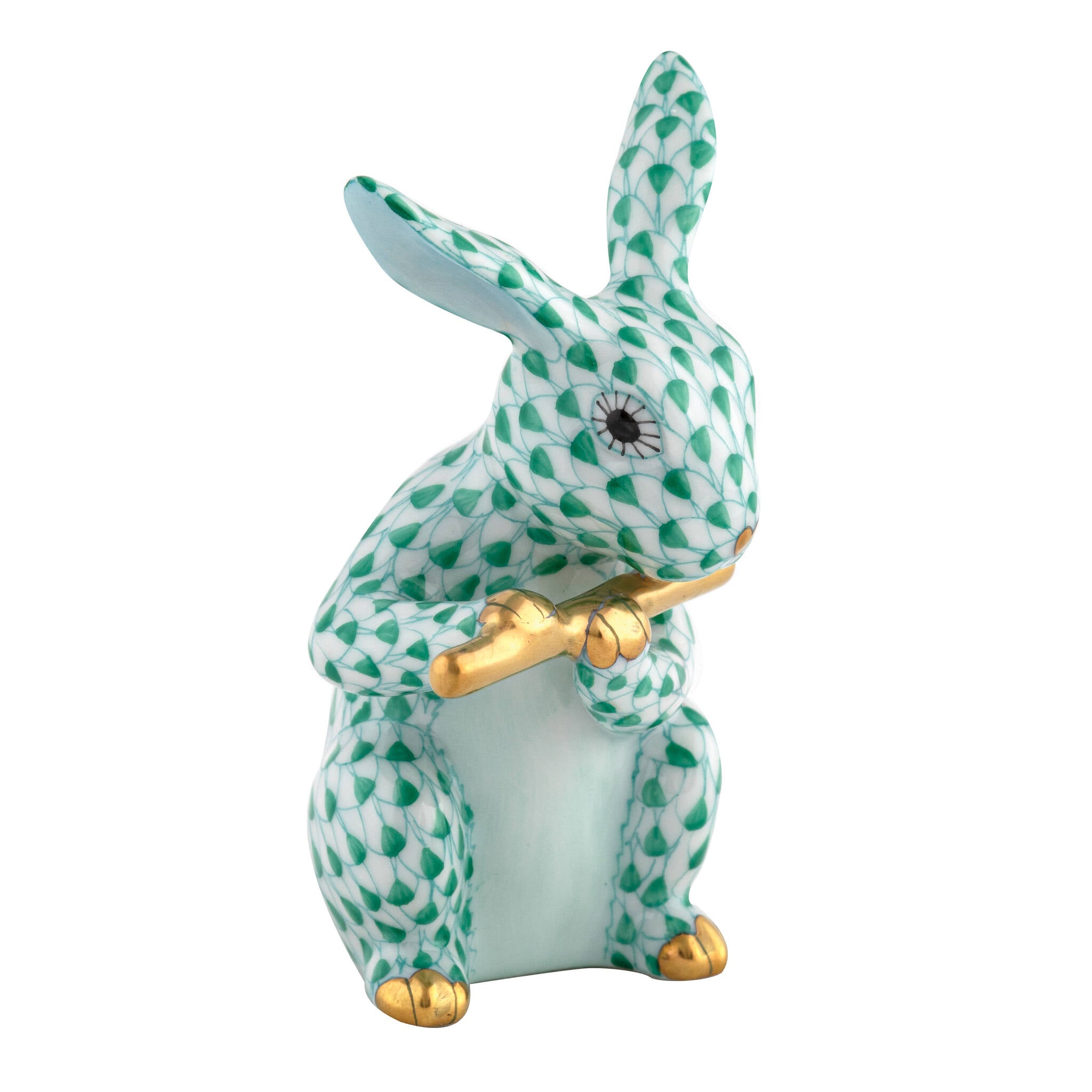 Green fishnet Flute Bunny Figurine figurine, hand-painted Herend porcelain with 24k gold accents