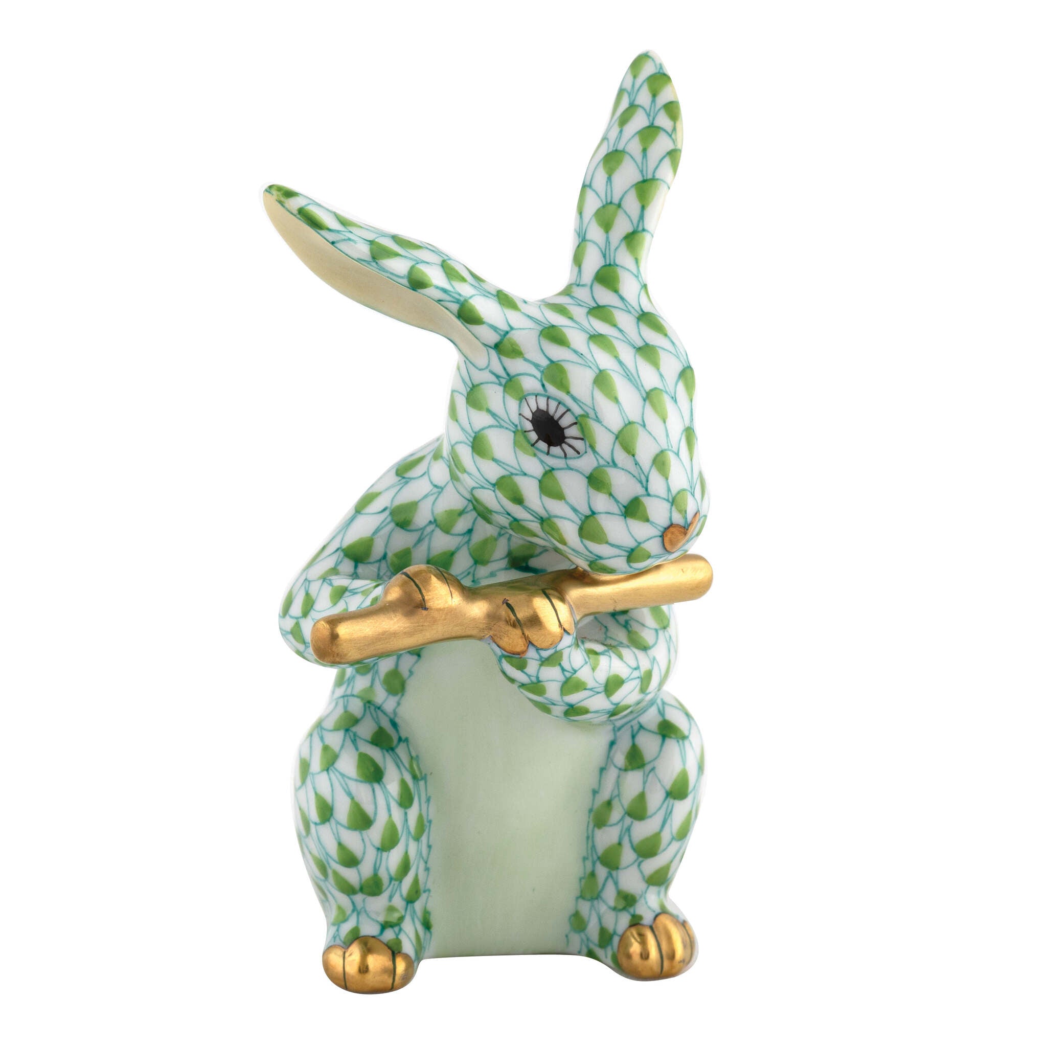 Herend Flute Bunny Figurine porcelain figurine painted in the Key Lime fishnet pattern