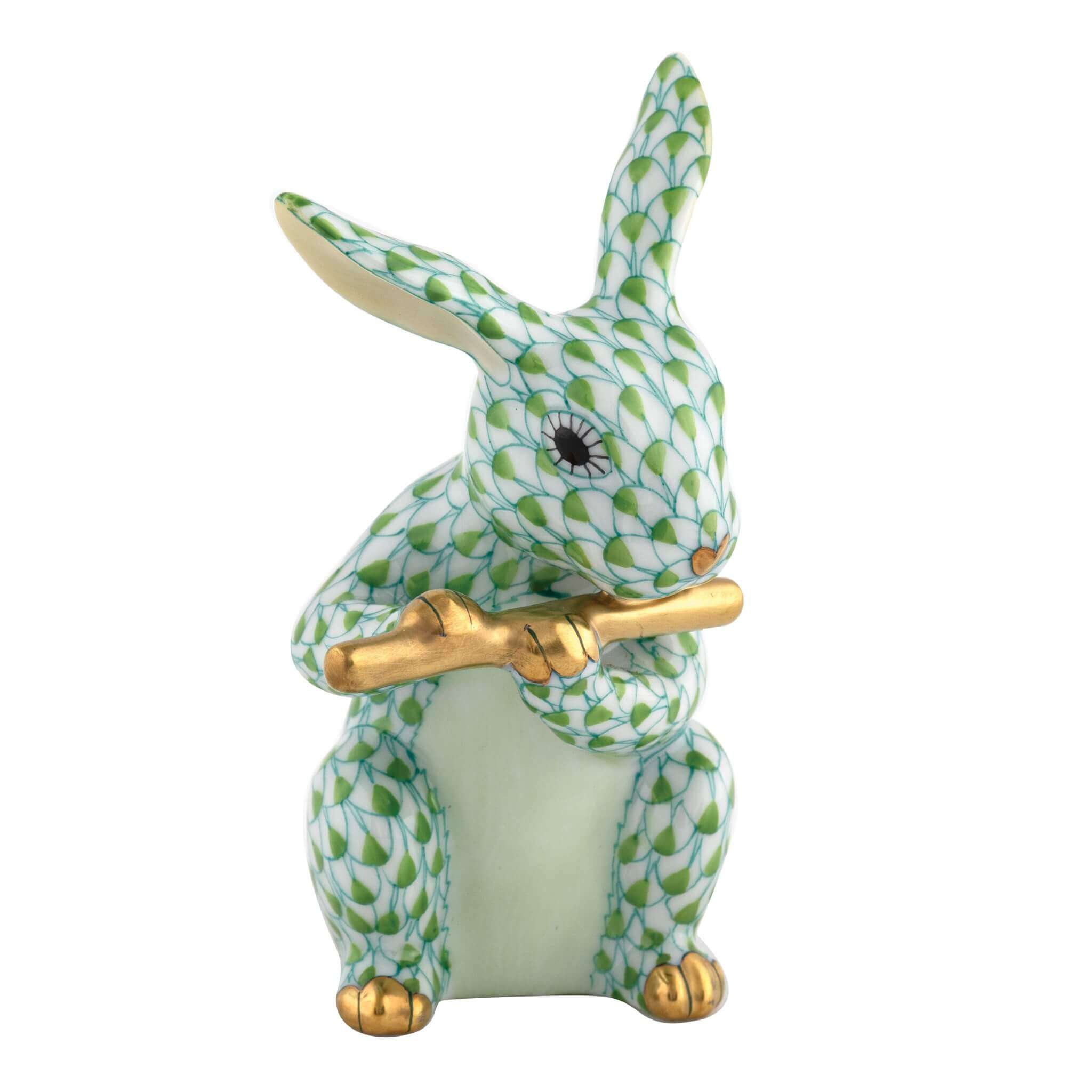 Herend Flute Bunny figurine in Keylime with key lime green fishnet pattern with gold accents on a white background