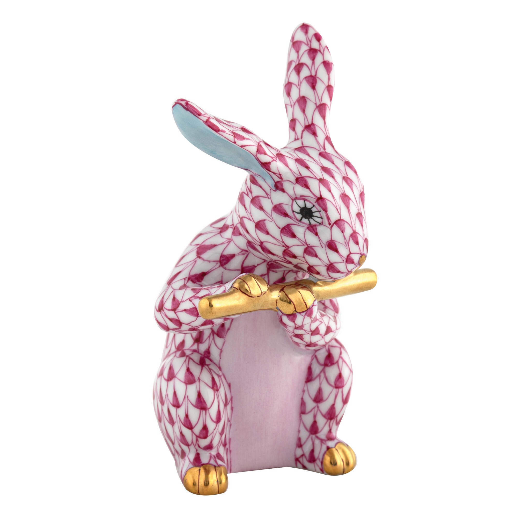Raspberry fishnet Flute Bunny Figurine figurine, hand-painted Herend porcelain with 24k gold accents