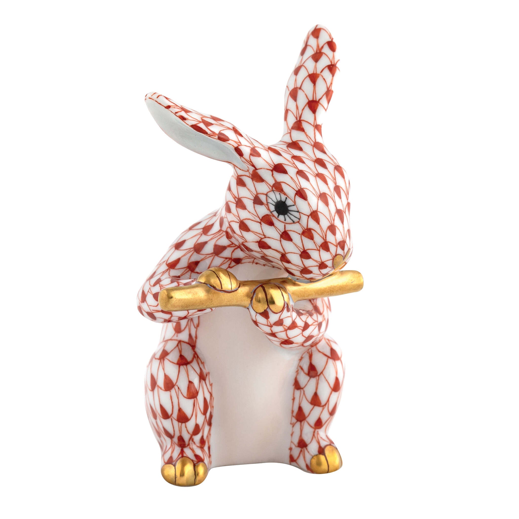 Flute Bunny Figurine in hand-painted Rust porcelain by Herend of Hungary