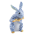Herend Flute Bunny figurine in Sapphire with deep sapphire blue fishnet pattern with gold accents on a white background