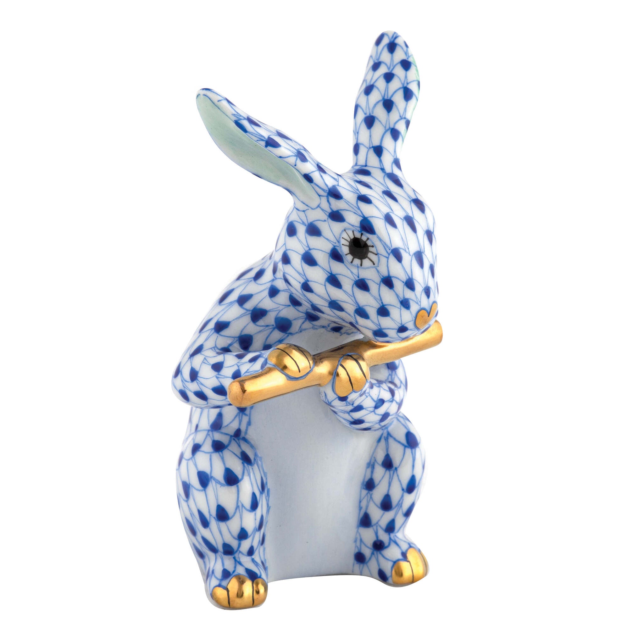 Herend Flute Bunny Figurine porcelain figurine painted in the Sapphire fishnet pattern