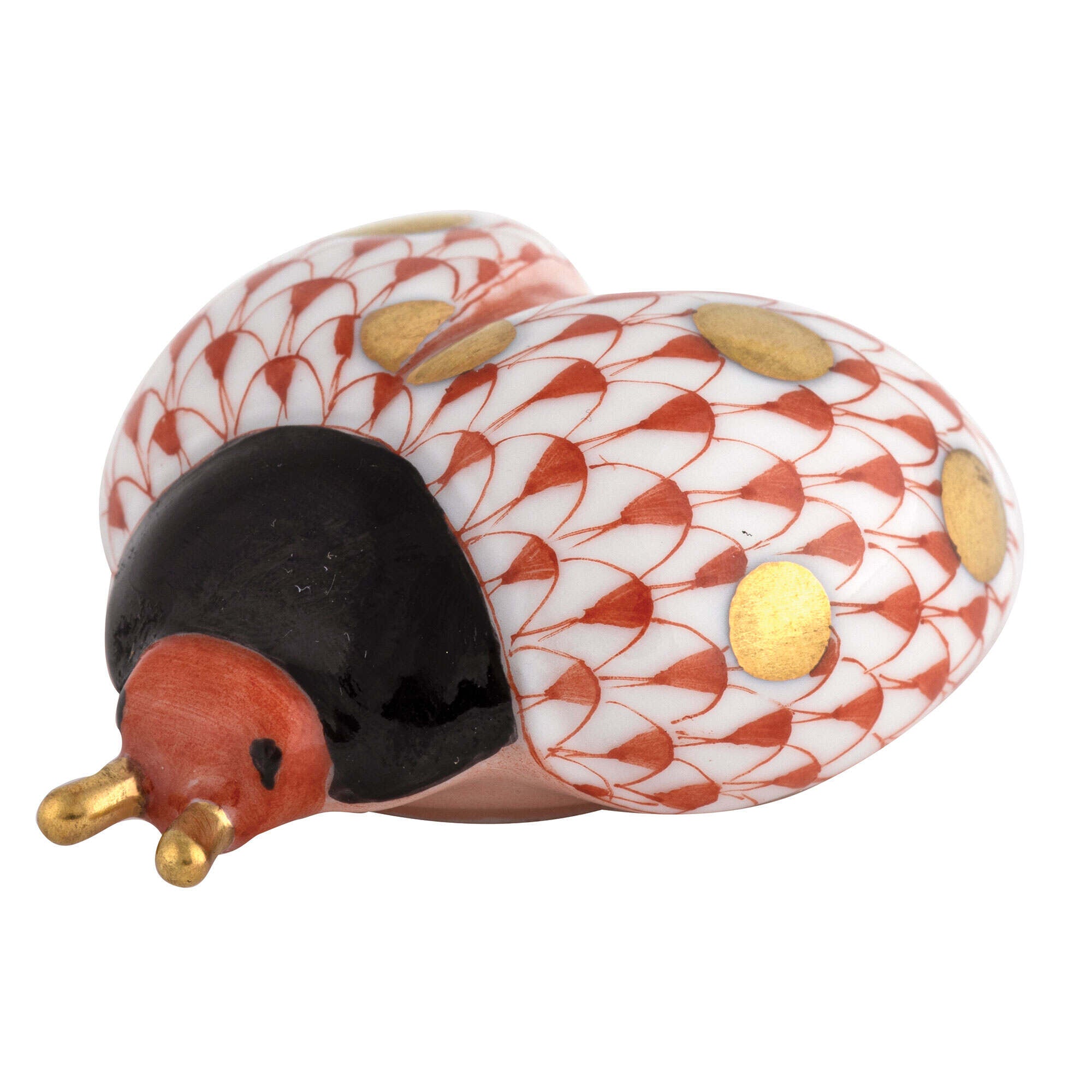 Hand-painted Herend Flying Ladybug Figurine in Rust fishnet porcelain on a white background