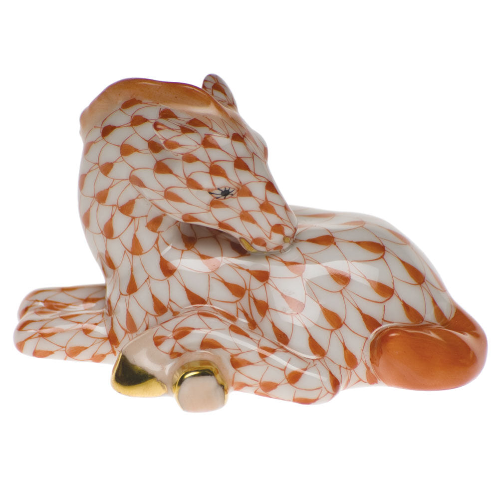 Hand-painted Herend Foal Figurine in Rust fishnet porcelain on a white background