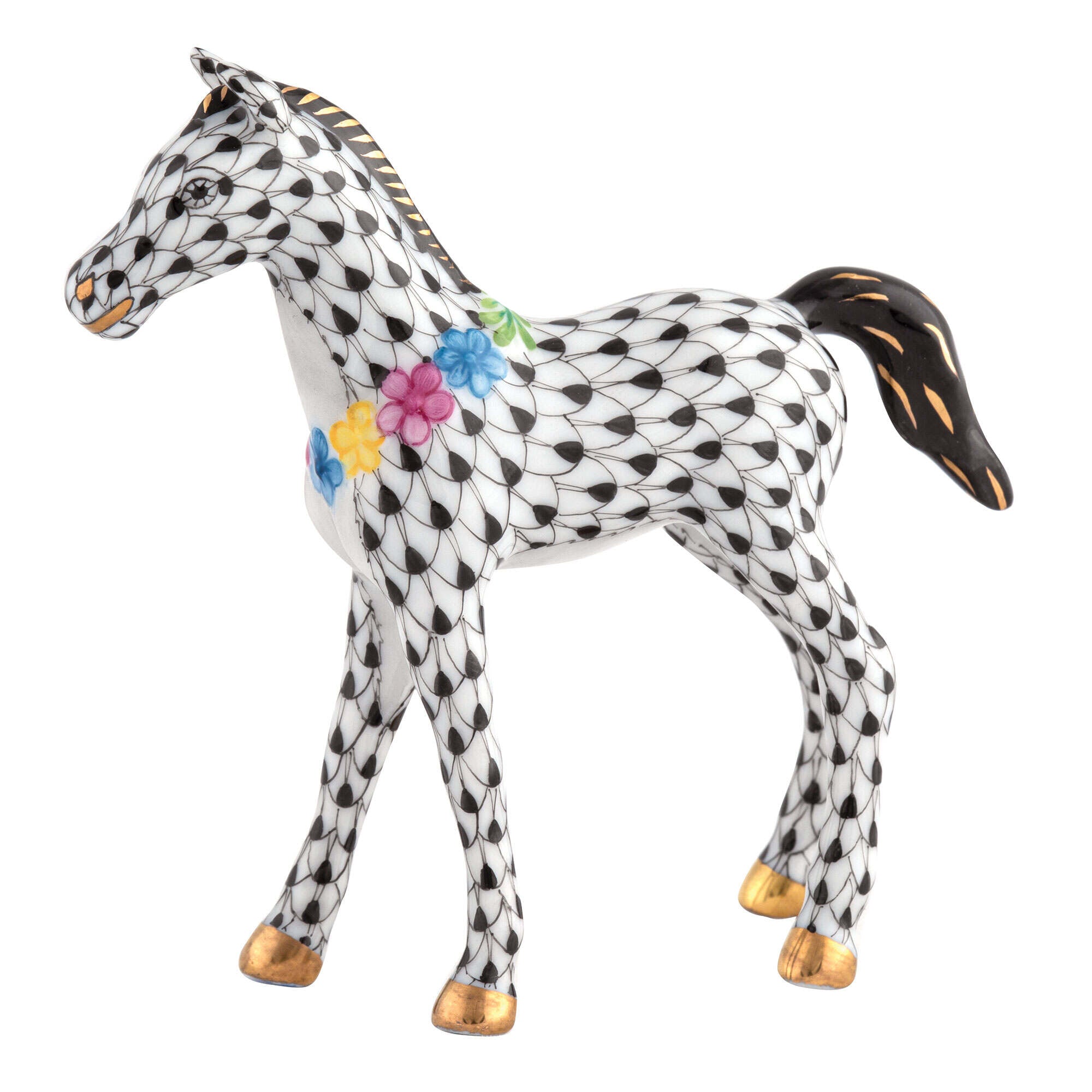 Herend Foal with Flowers Figurine porcelain figurine painted in the Black fishnet pattern