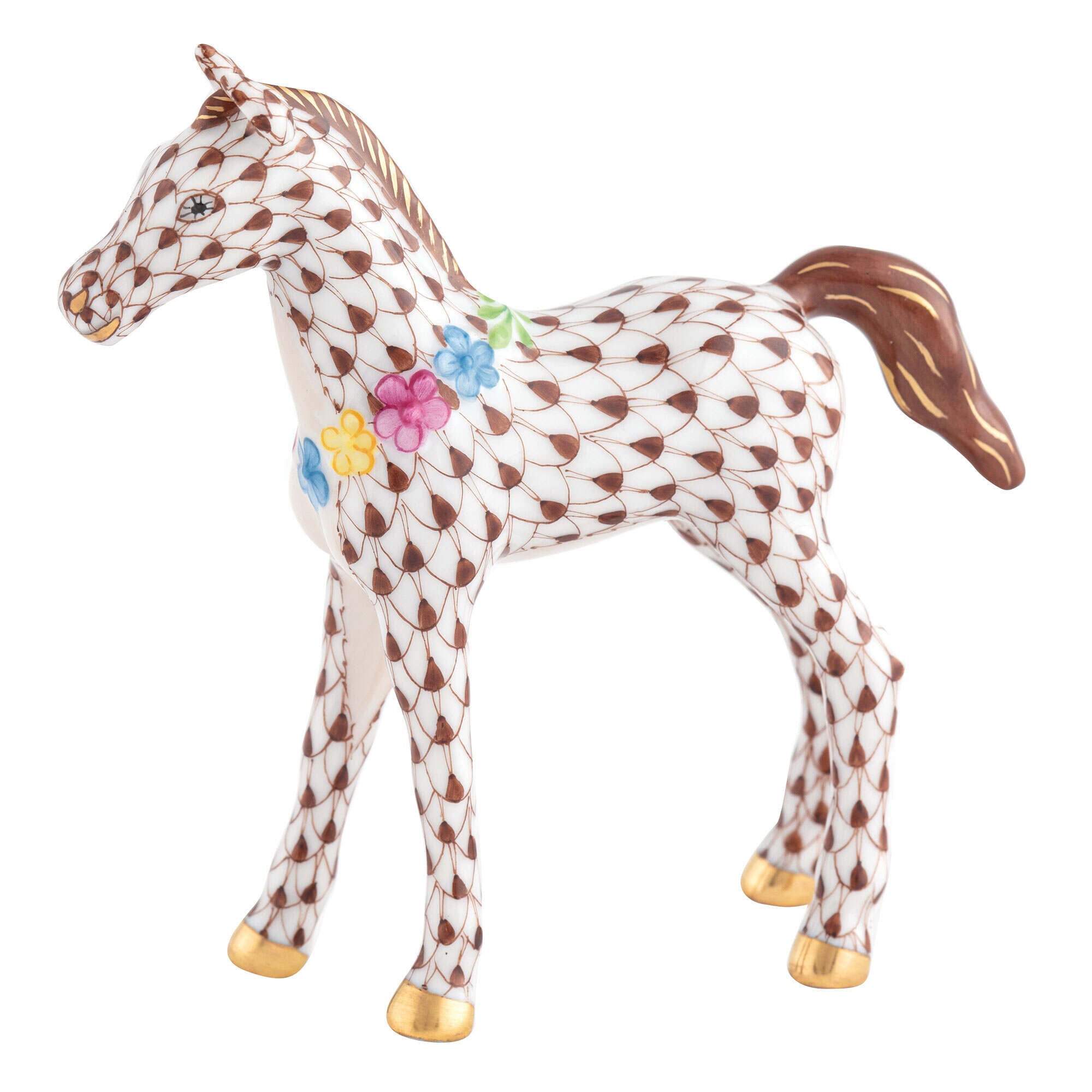 Chocolate fishnet Foal with Flowers Figurine figurine, hand-painted Herend porcelain with 24k gold accents