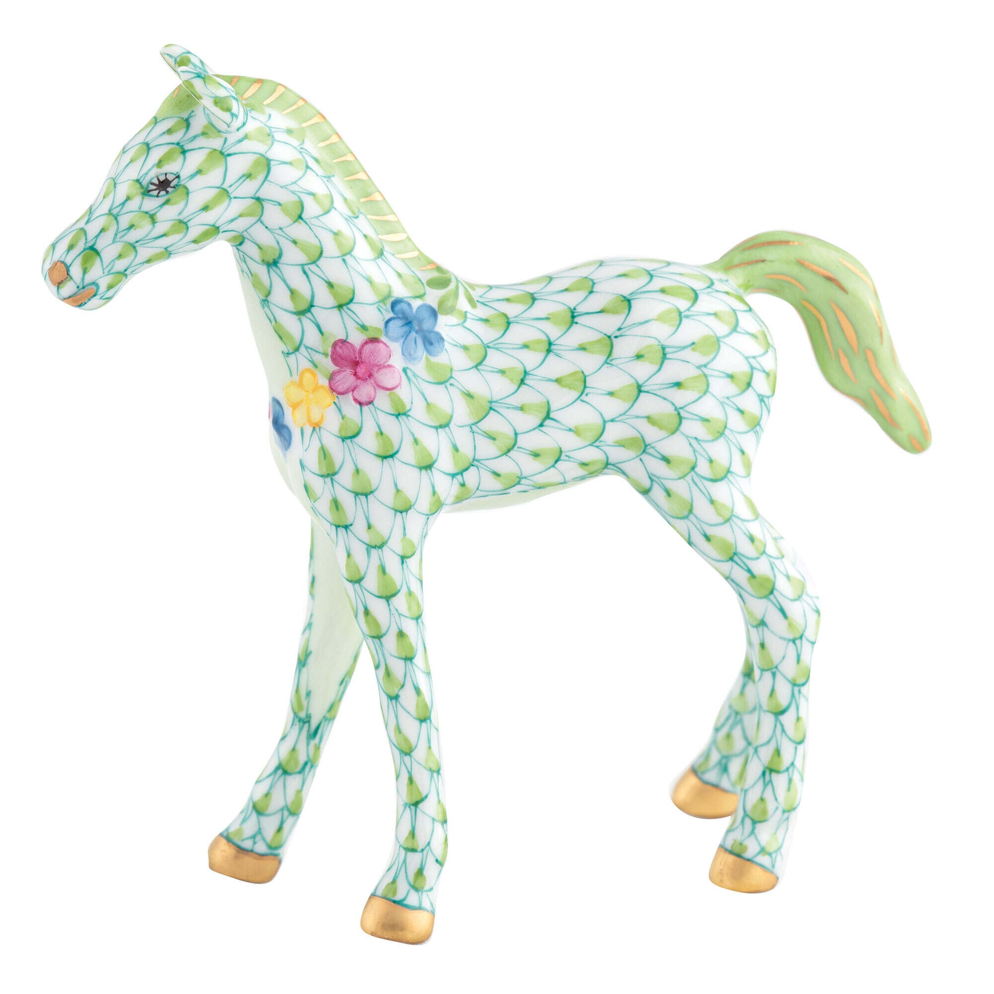 Herend Foal with Flowers Figurine porcelain figurine painted in the Key Lime fishnet pattern