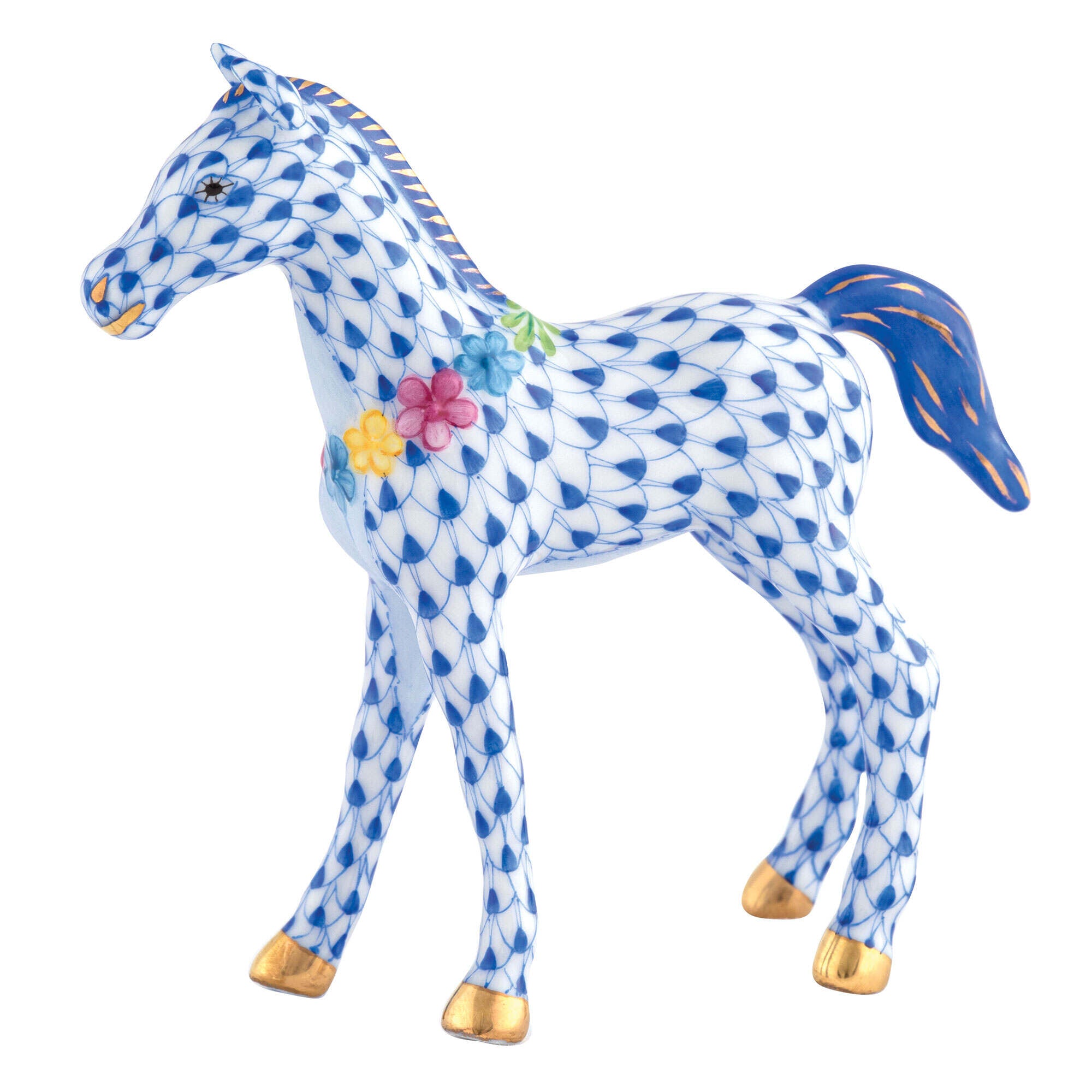 Sapphire fishnet Foal with Flowers Figurine figurine, hand-painted Herend porcelain with 24k gold accents