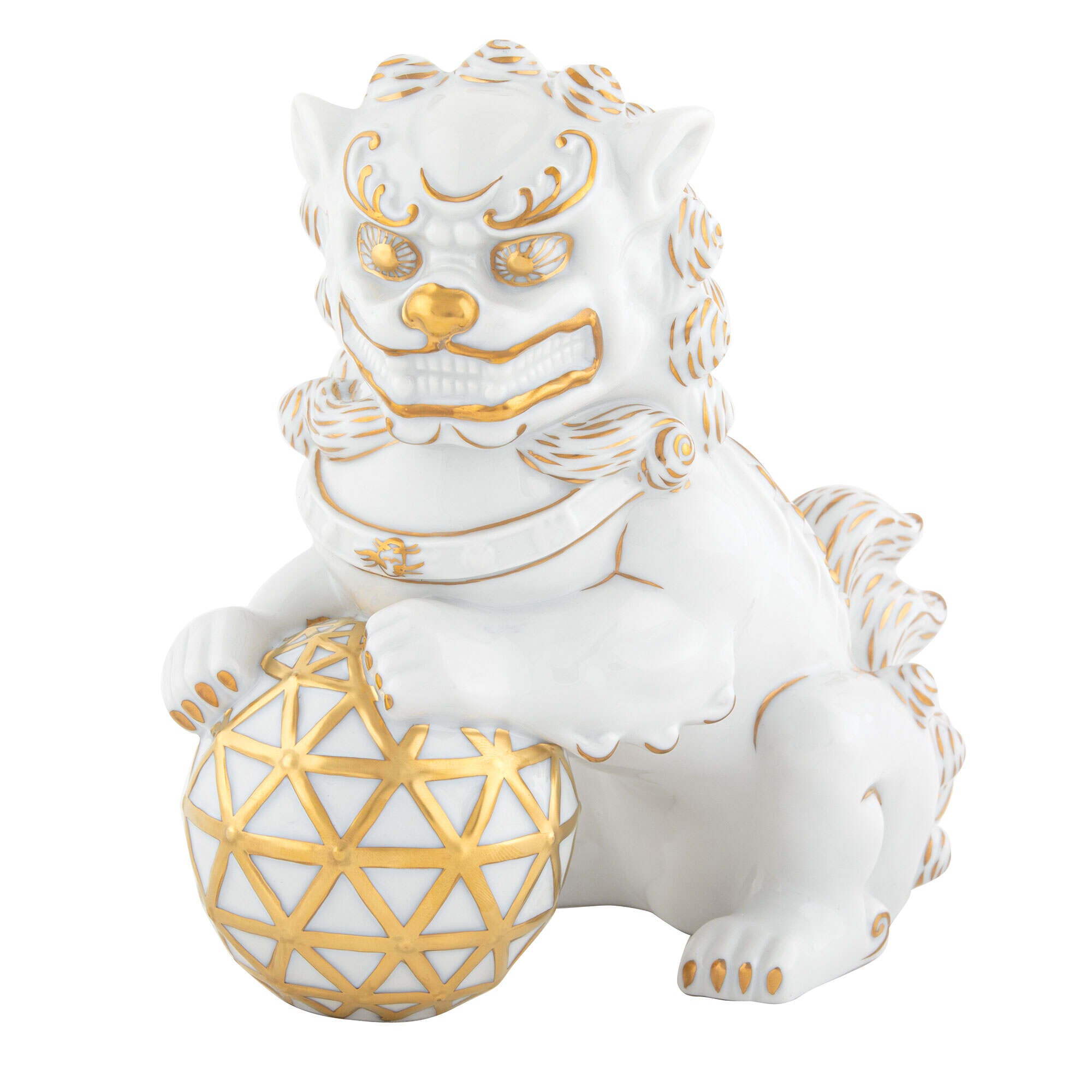 Hand-painted Herend Foo Dog Looking Left Figurine in fine porcelain, 7.5in L X 4in W X 7in H, on a white background