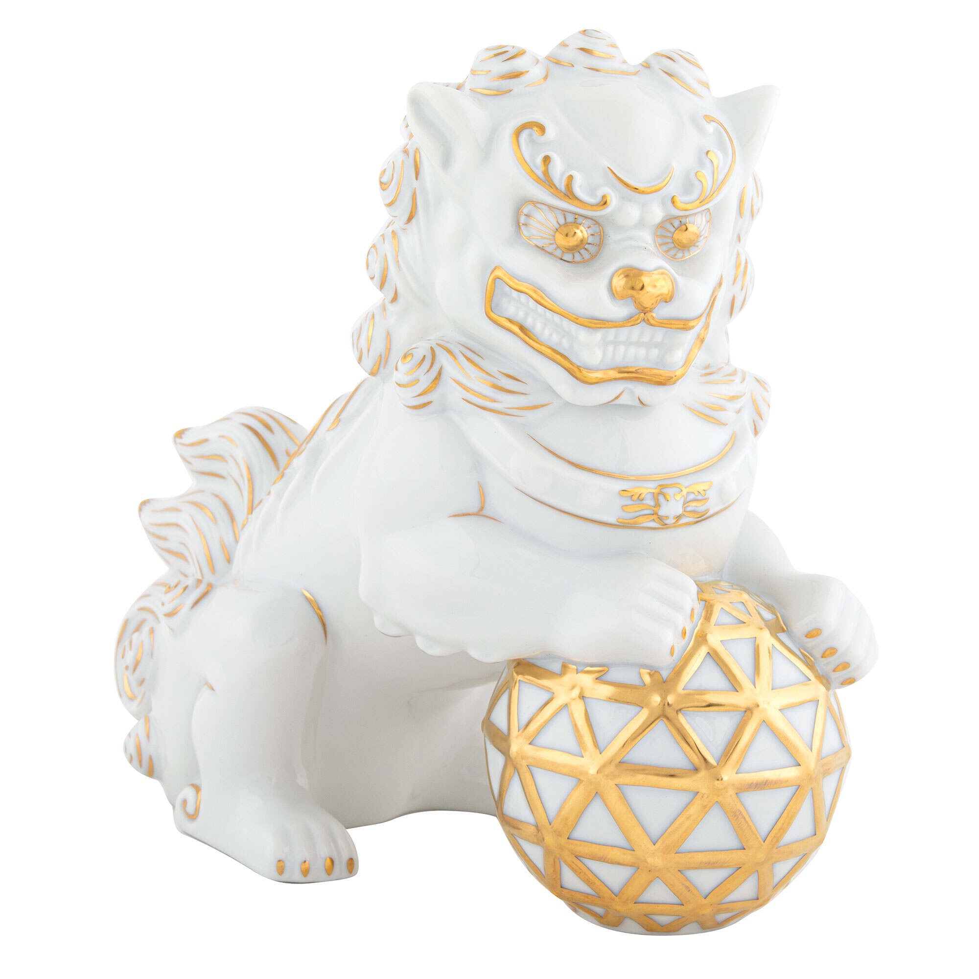 Hand-painted Herend Foo Dog Looking Right Figurine in fine porcelain, 7.5in L X 4in W X 7in H, on a white background