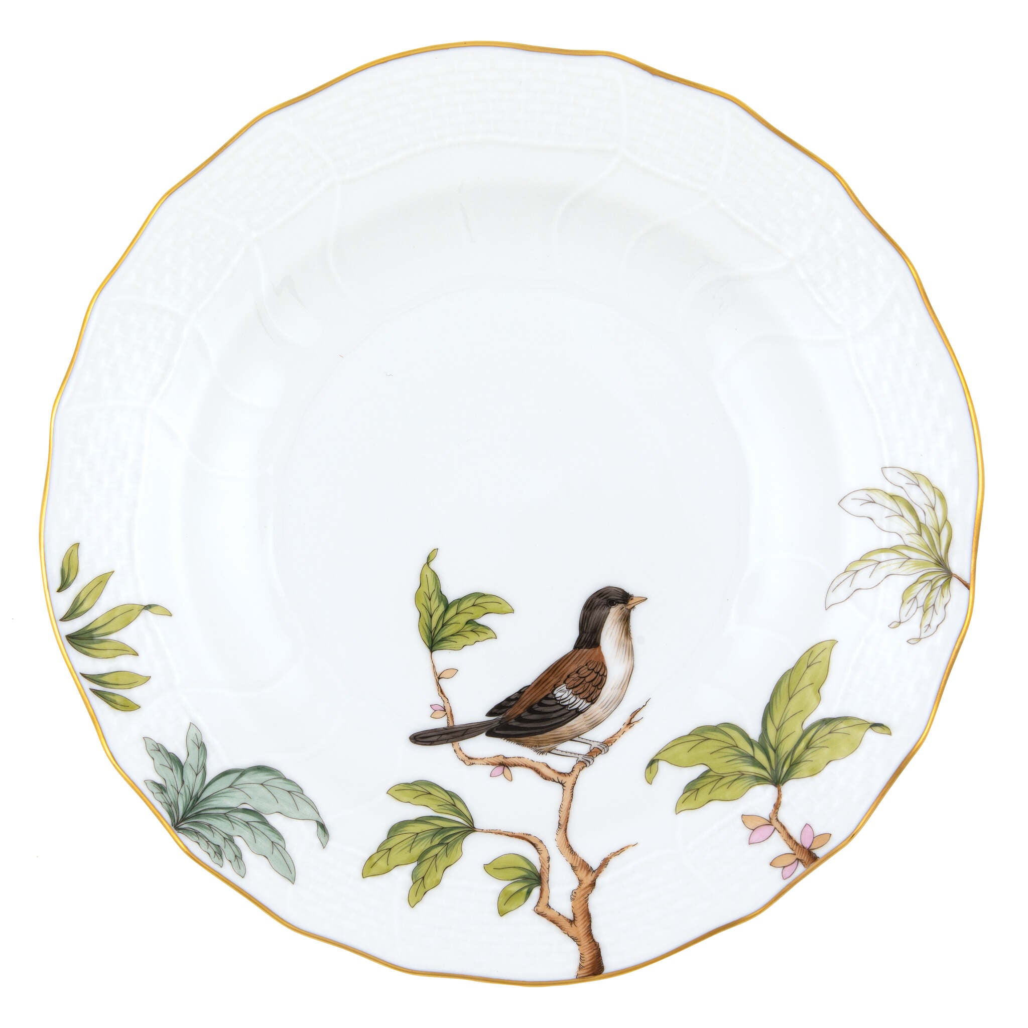 Hand-painted Herend Foret Birds Dessert Plate - Motif 03 in fine porcelain, 8.25in D, on a white background