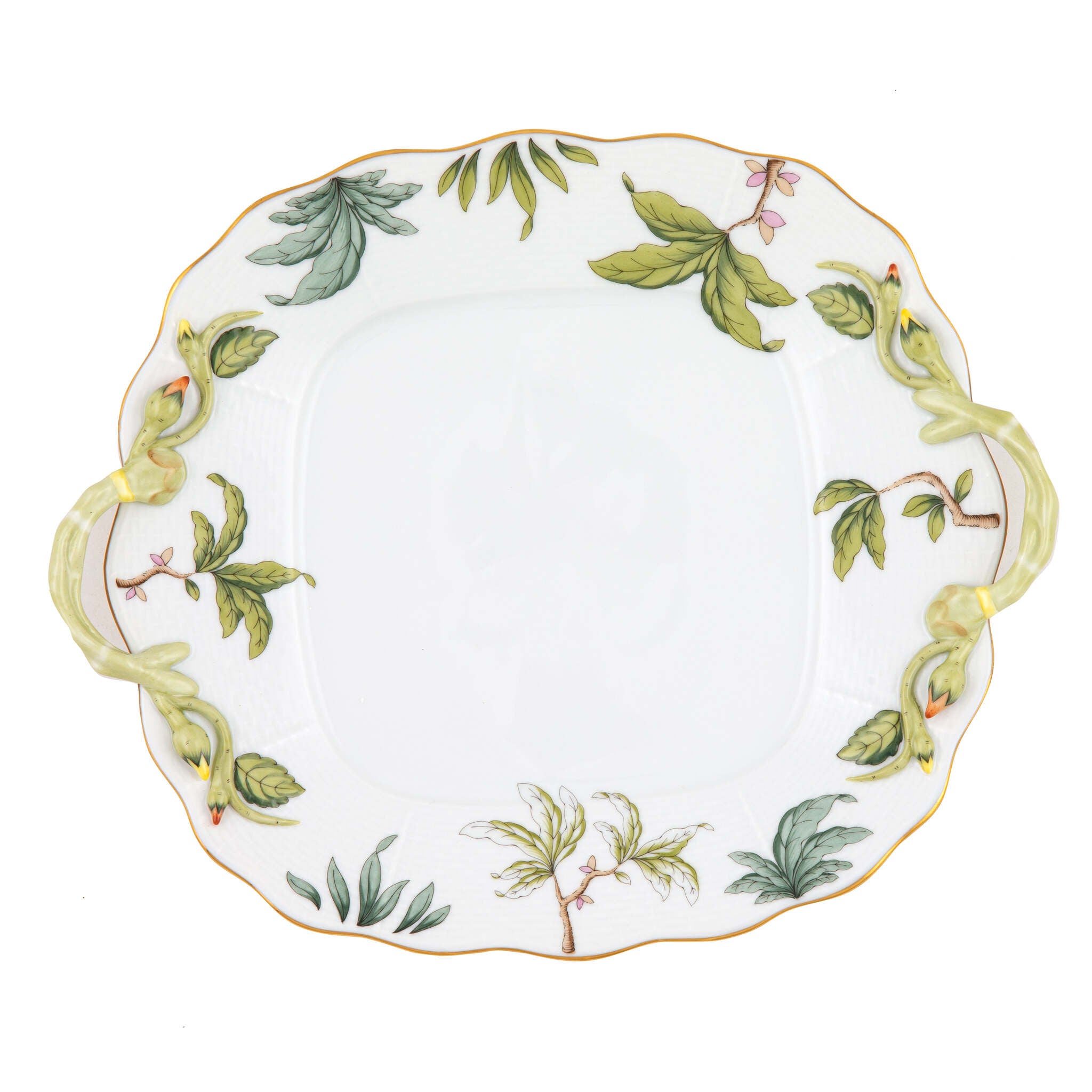 Hand-painted Herend Foret Garland Square Cake Plate with Handles in fine porcelain, 9.5in SQ, on a white background