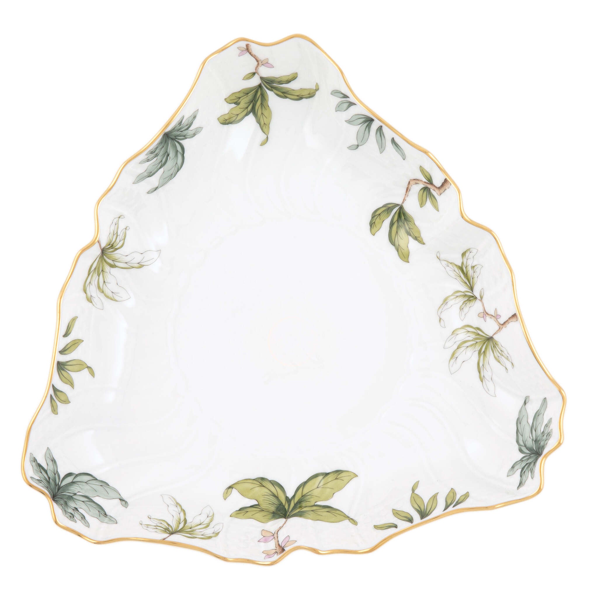 Hand-painted Herend Foret Garland Triangle Dish in fine porcelain, 9.5in L, on a white background