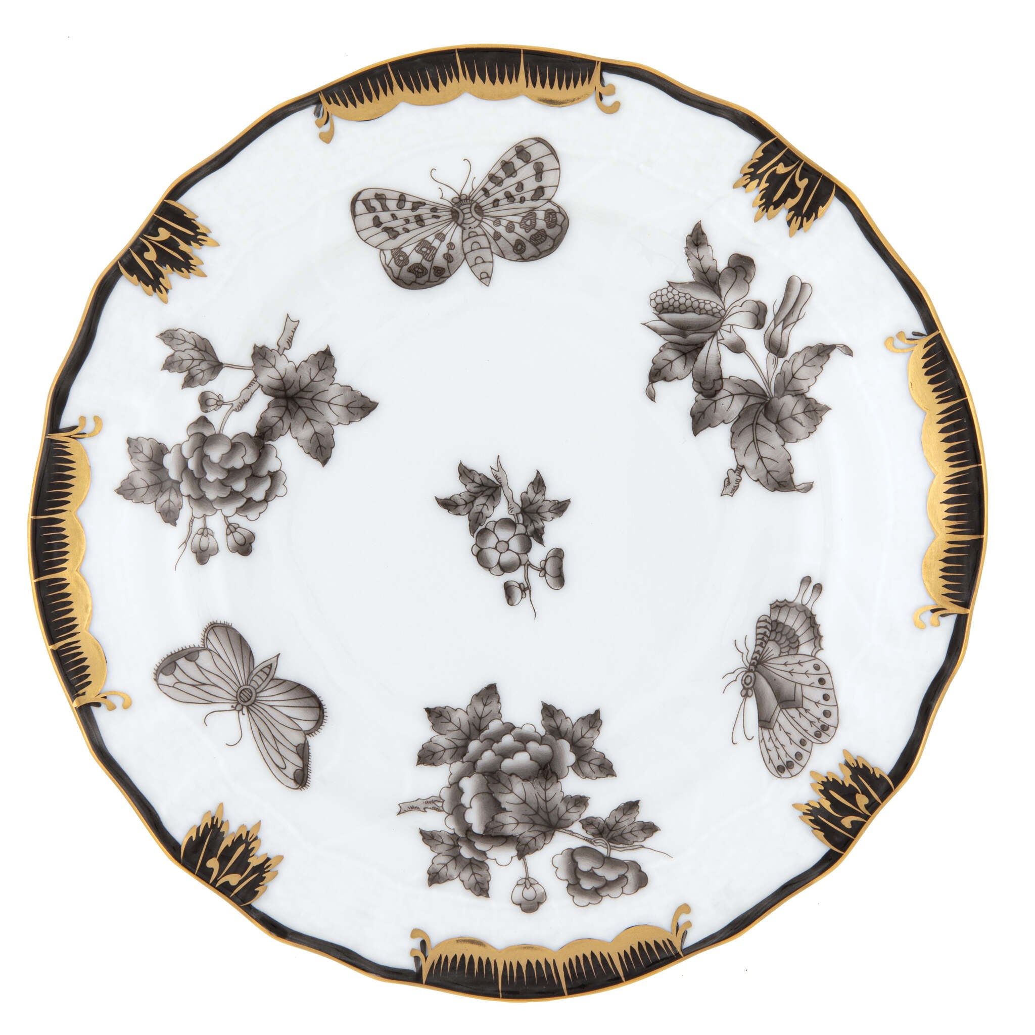 Hand-painted Herend Fortuna Black Bread and Butter Plate in fine porcelain, 6in D, on a white background