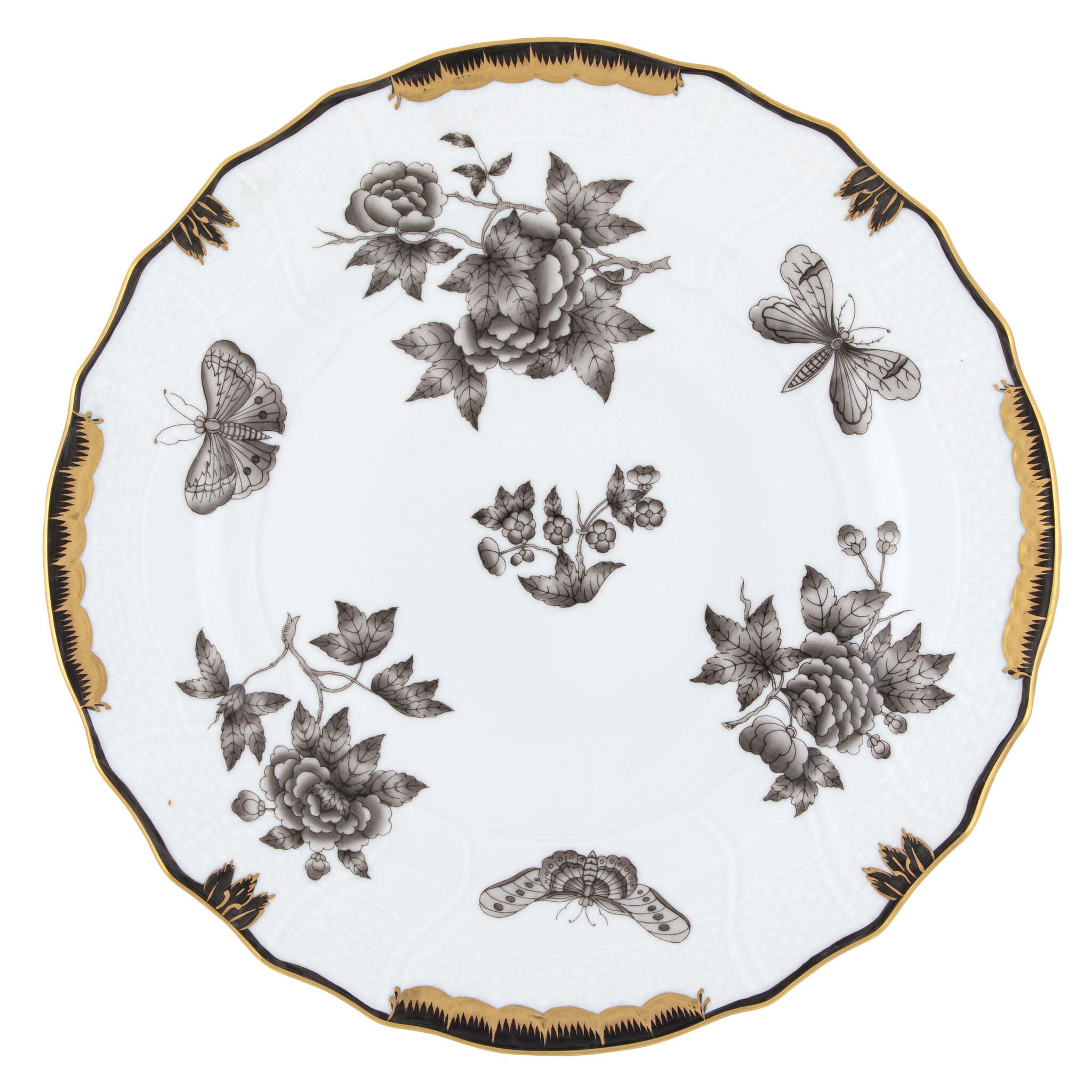 Hand-painted Herend Fortuna Black Dinner Plate in fine porcelain, 10.5in D, on a white background