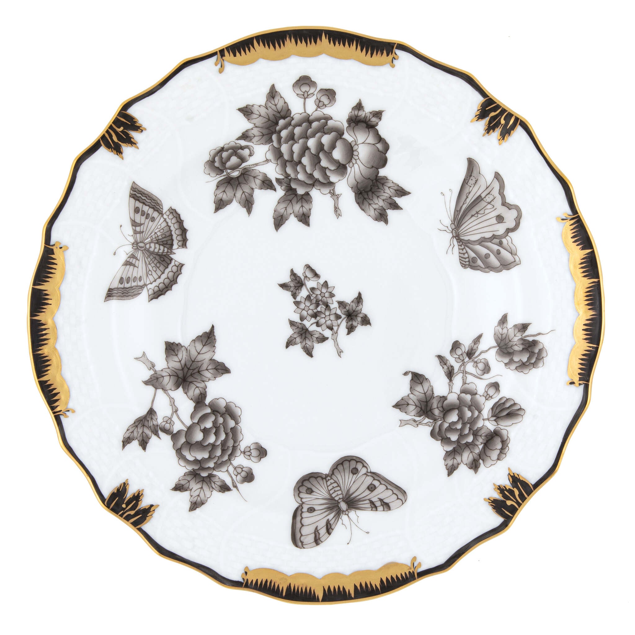 Hand-painted Herend Fortuna Black Salad Plate in fine porcelain, 7.5in D, on a white background