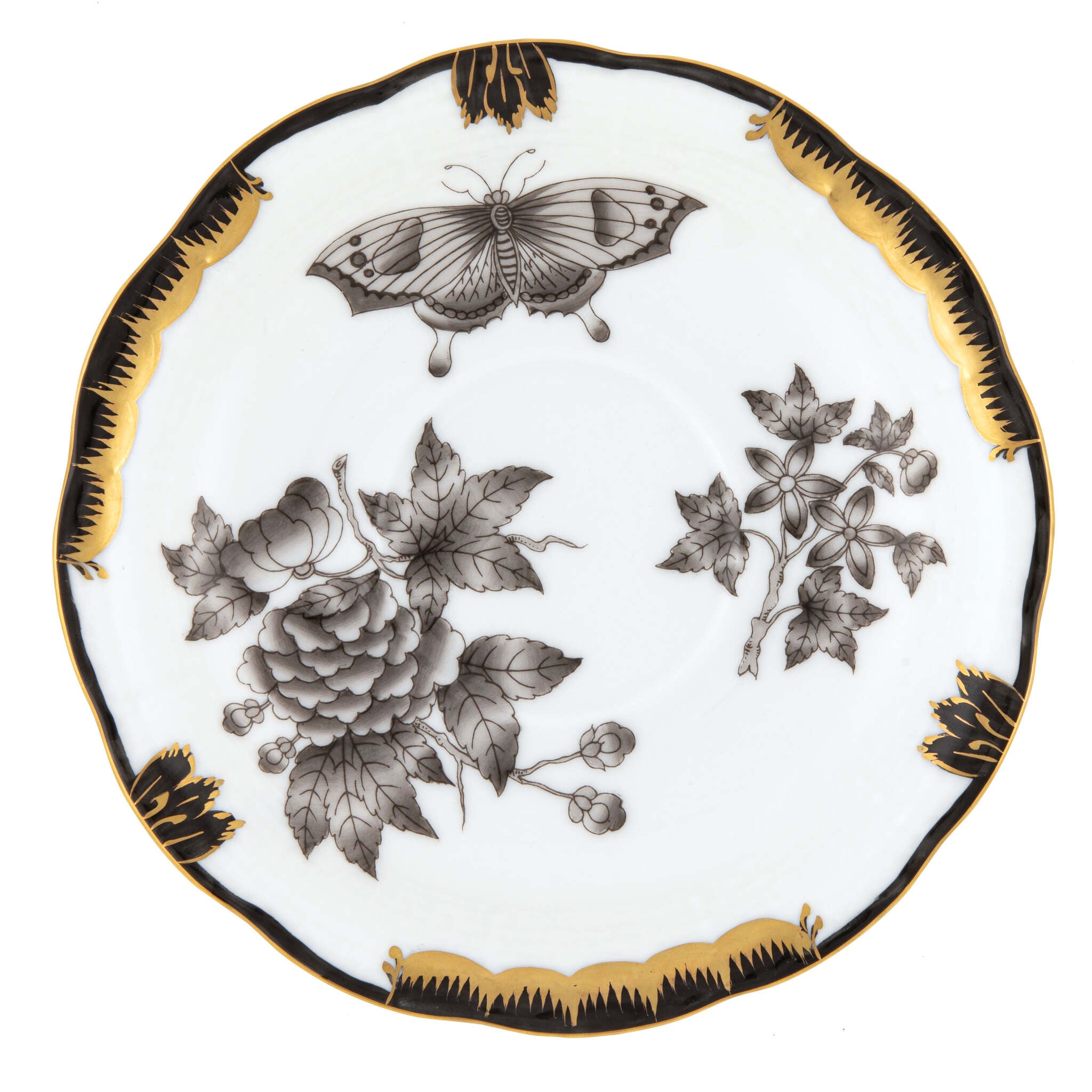 Hand-painted Herend Fortuna Black Tea Saucer in fine porcelain, 6in D, on a white background