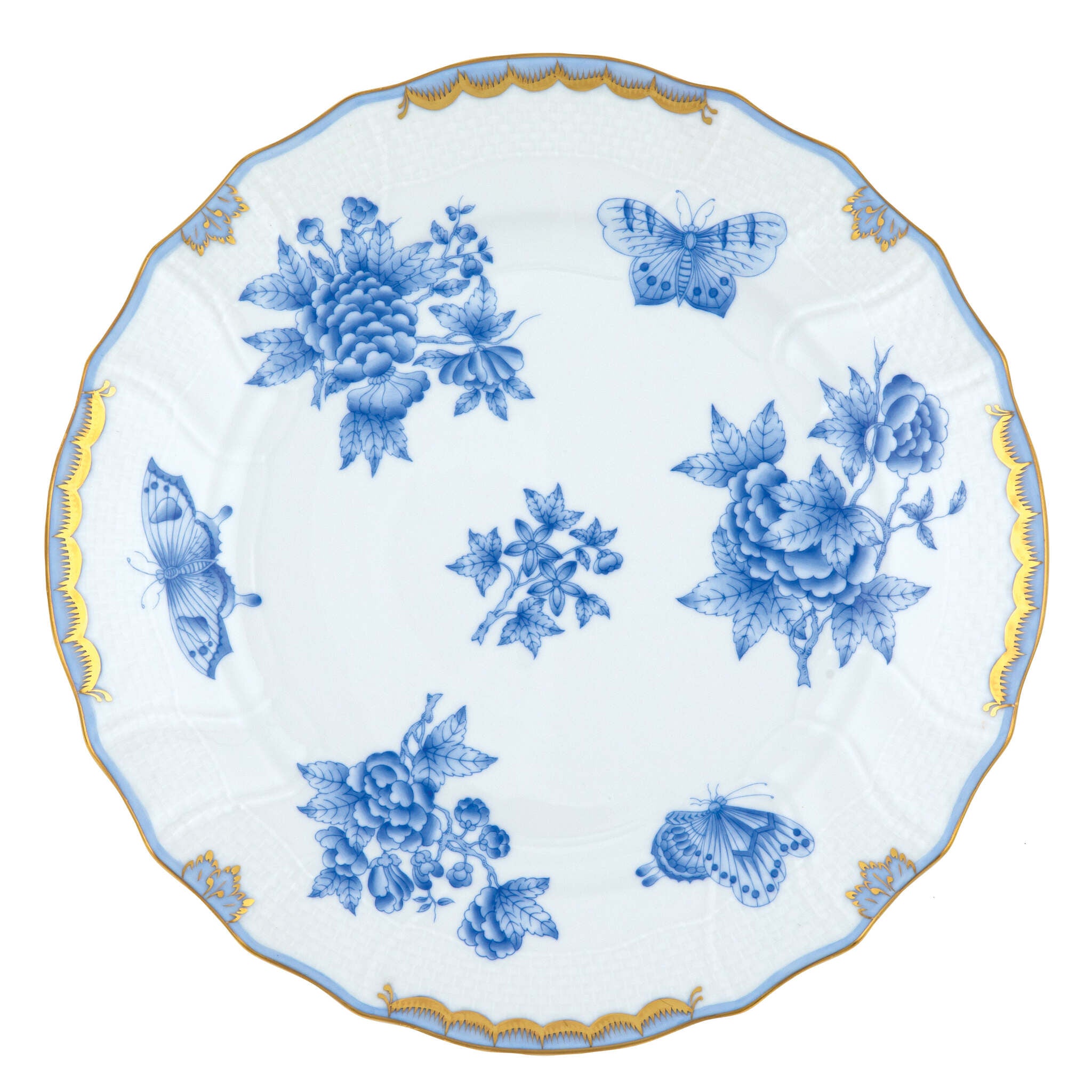 Hand-painted Herend Fortuna Blue Dinner Plate in fine porcelain, 10.5in D, on a white background
