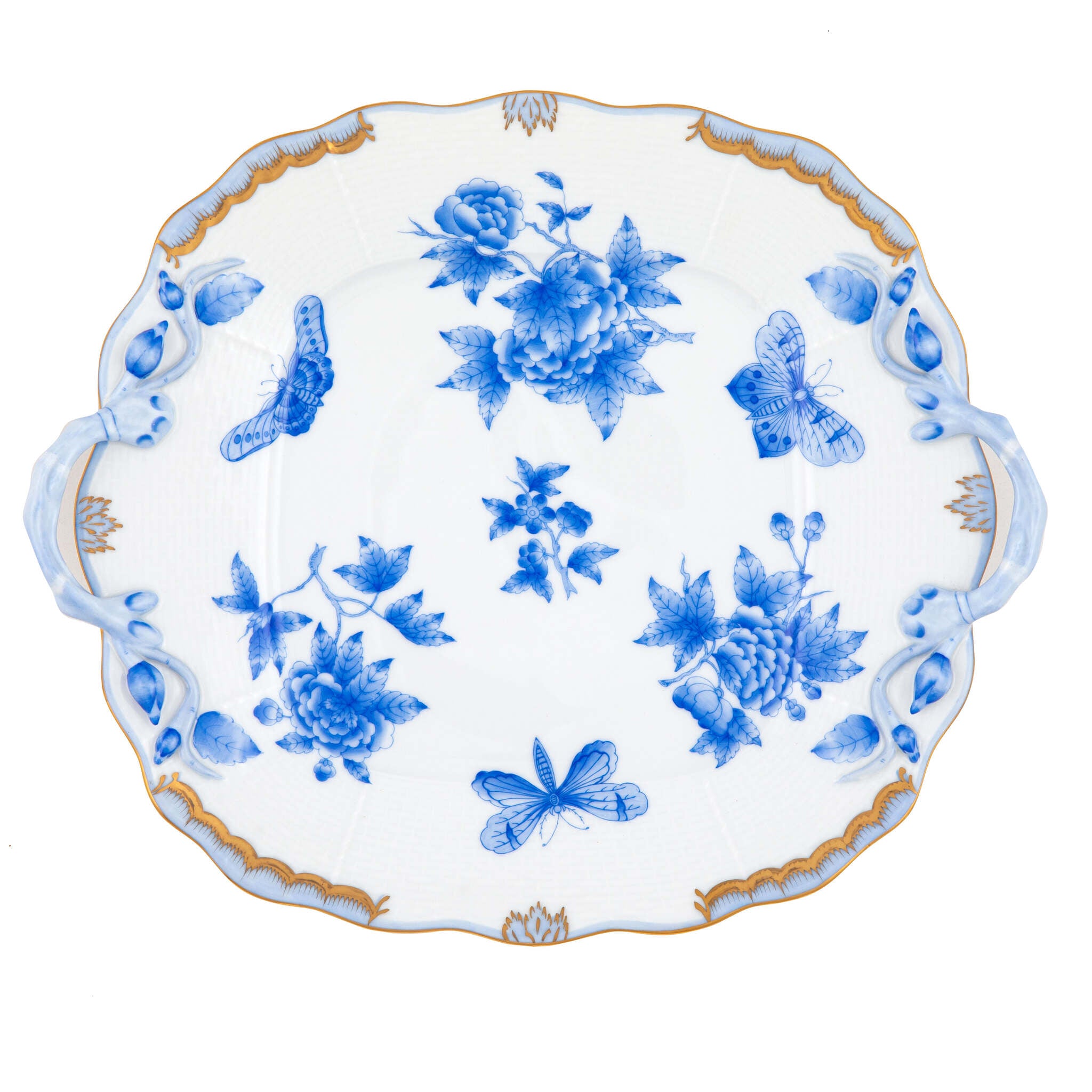 Hand-painted Herend Fortuna Blue Square Cake Plate with Handles in fine porcelain, 9.5in SQ, on a white background