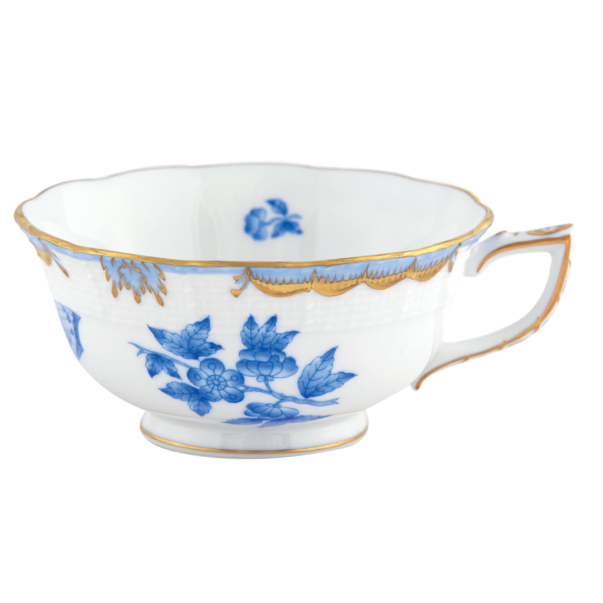 Hand-painted Herend Fortuna Blue Tea Cup Cup & Saucer Set in fine porcelain, on a white background