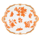 Hand-painted Herend Fortuna Rust Square Cake Plate with Handles in fine porcelain, 9.5in SQ, on a white background