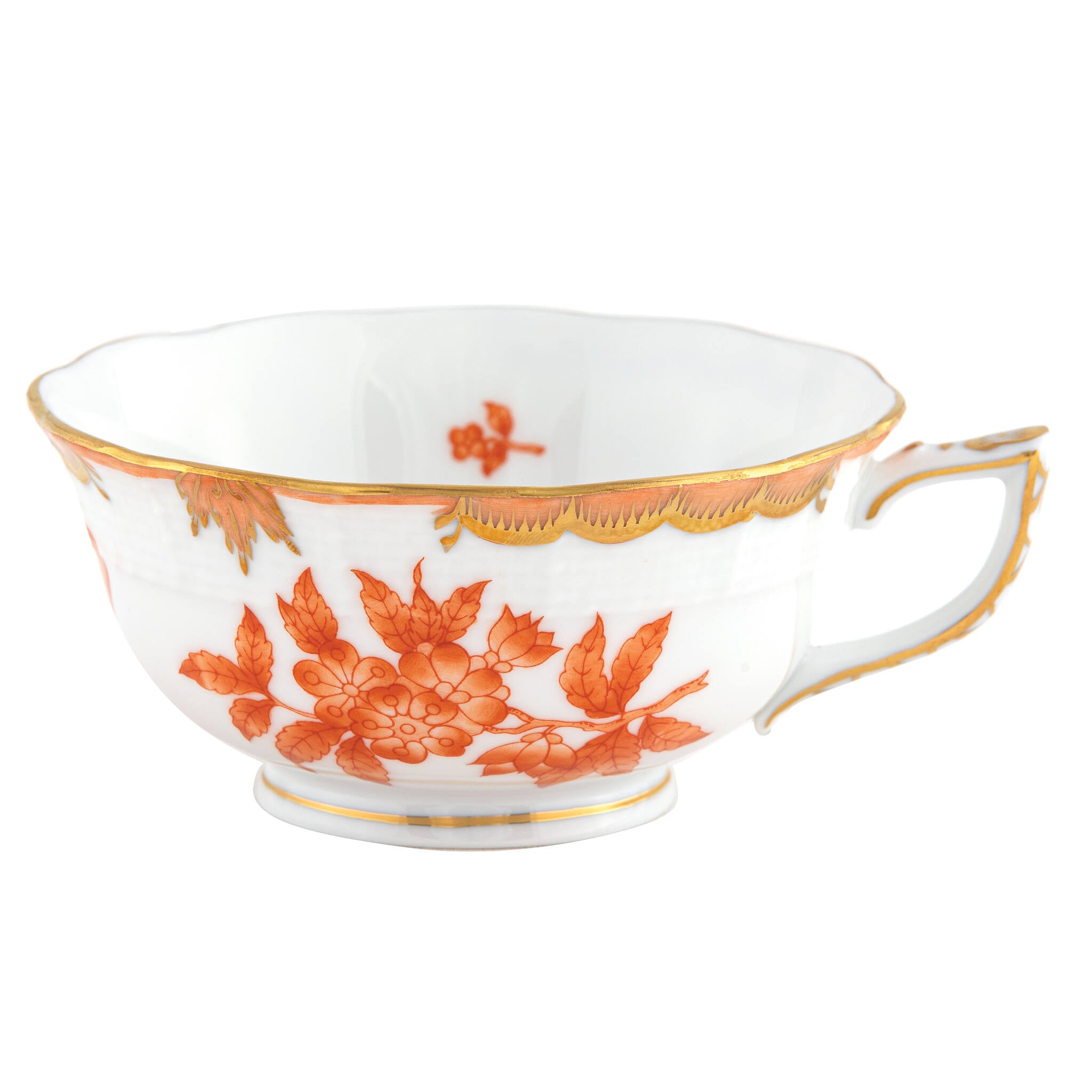 Hand-painted Herend Fortuna Rust Tea Cup Cup & Saucer Set in fine porcelain, on a white background
