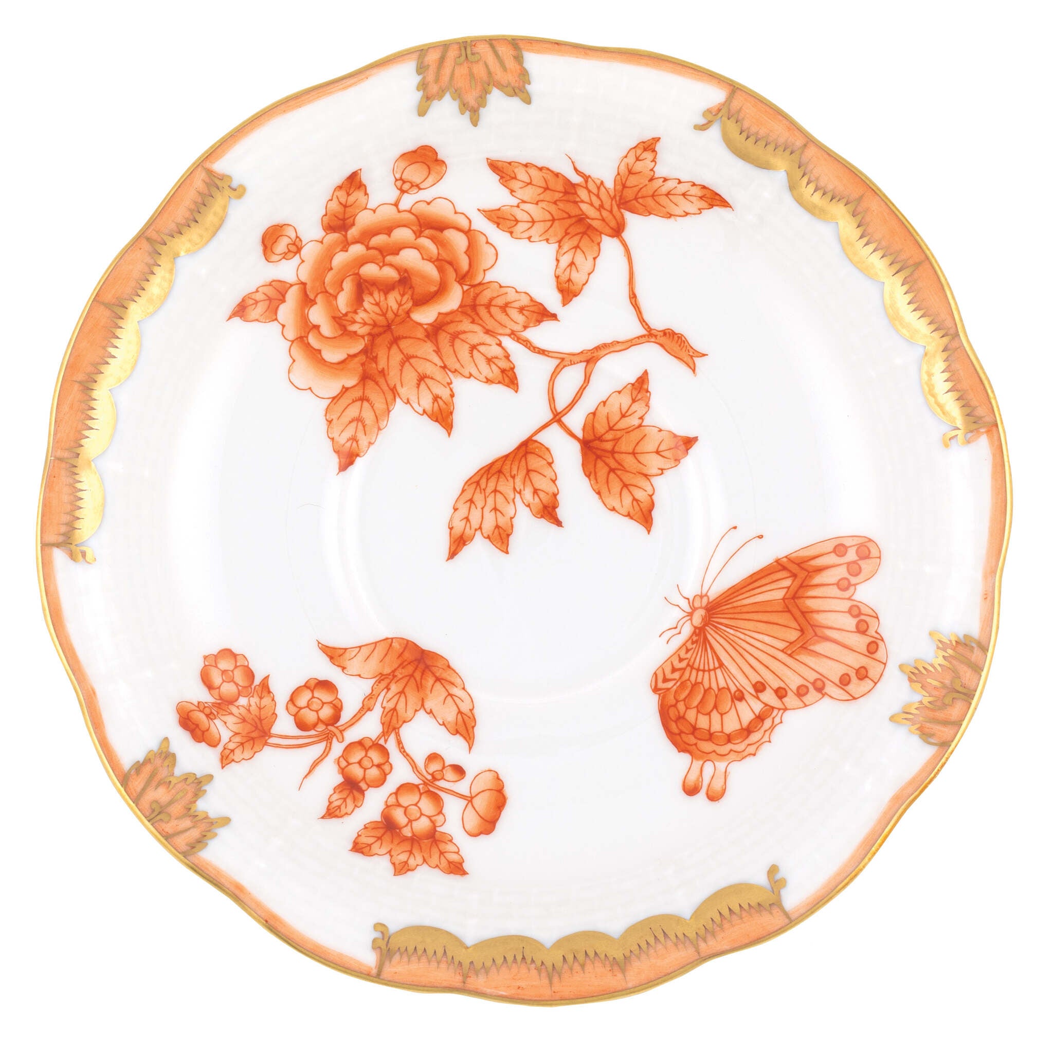 Hand-painted Herend Fortuna Rust Tea Saucer Cup & Saucer Set in fine porcelain, 6in D, on a white background