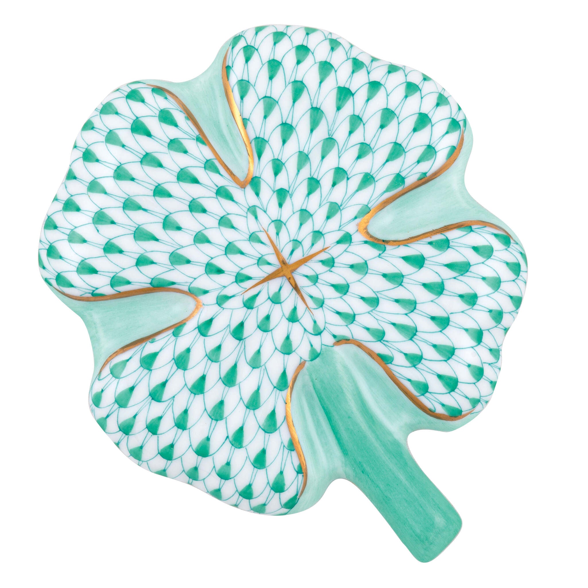 Hand-painted Herend Four Leaf Clover Paperweight in fine porcelain, 3.5in L X 2.75in W, on a white background