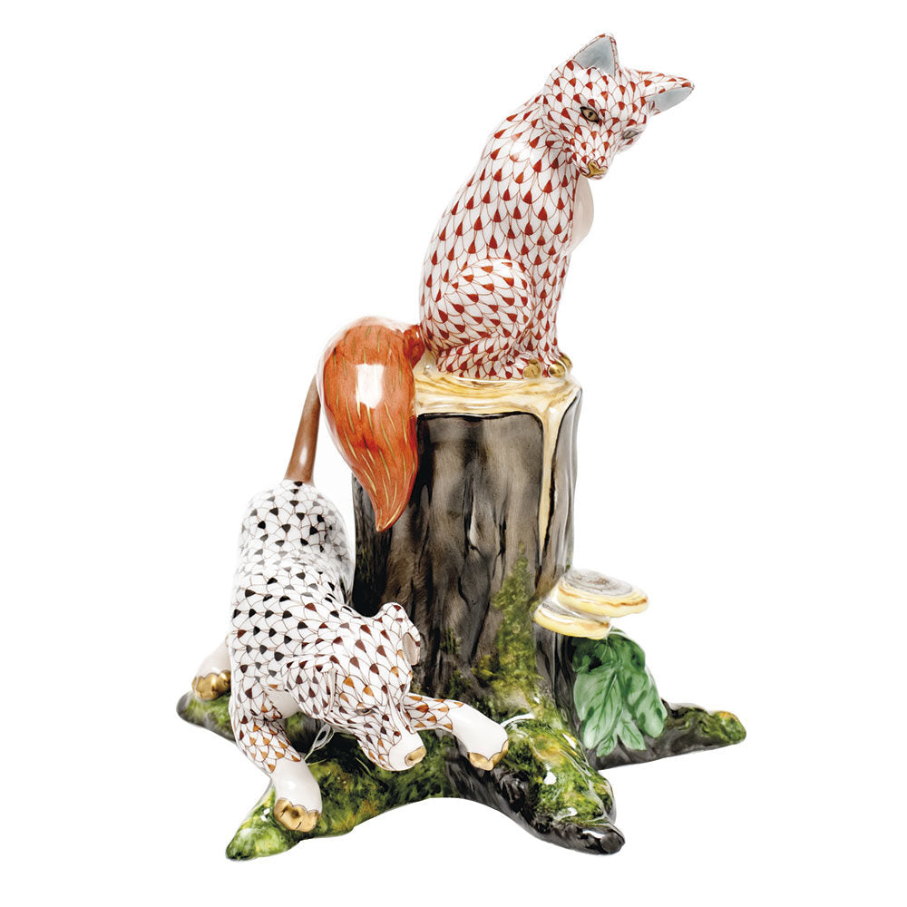 Hand-painted Herend Fox and Hound Figurine in fine porcelain, 5.75in L  X 7.5in H, on a white background
