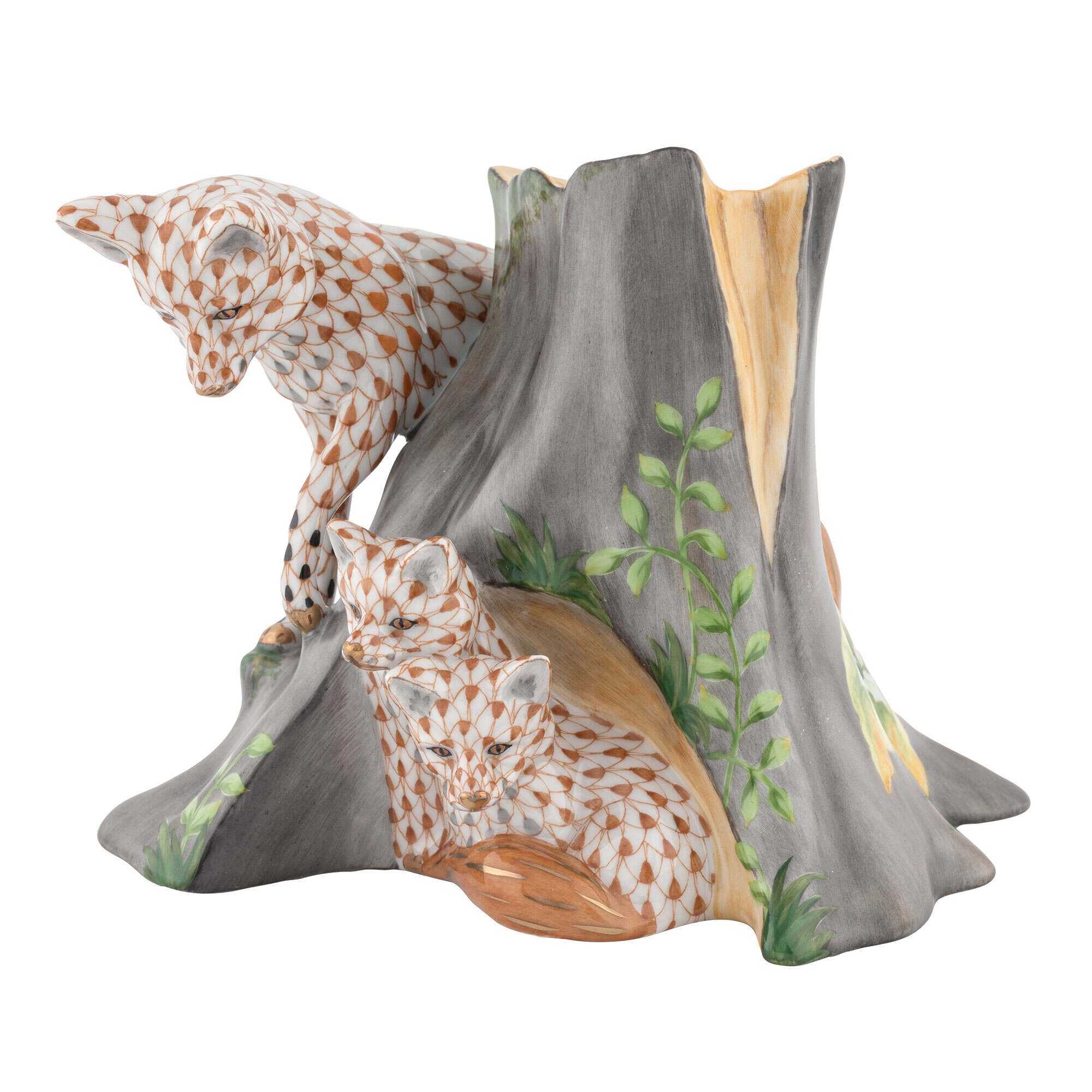 Hand-painted Herend Fox Den Figurine in fine porcelain, 5in L X 4in W X 4.25in H, on a white background