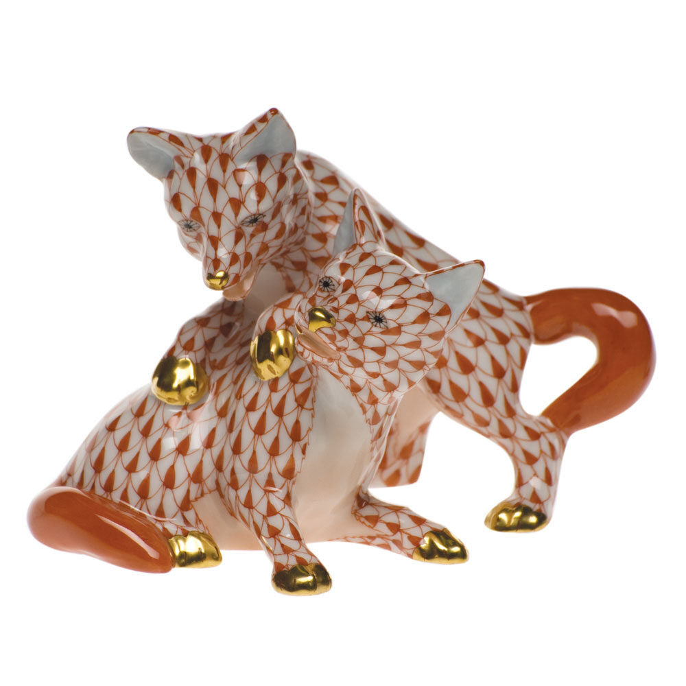 Hand-painted Herend Foxes Figurine in fine porcelain, 4in H, on a white background